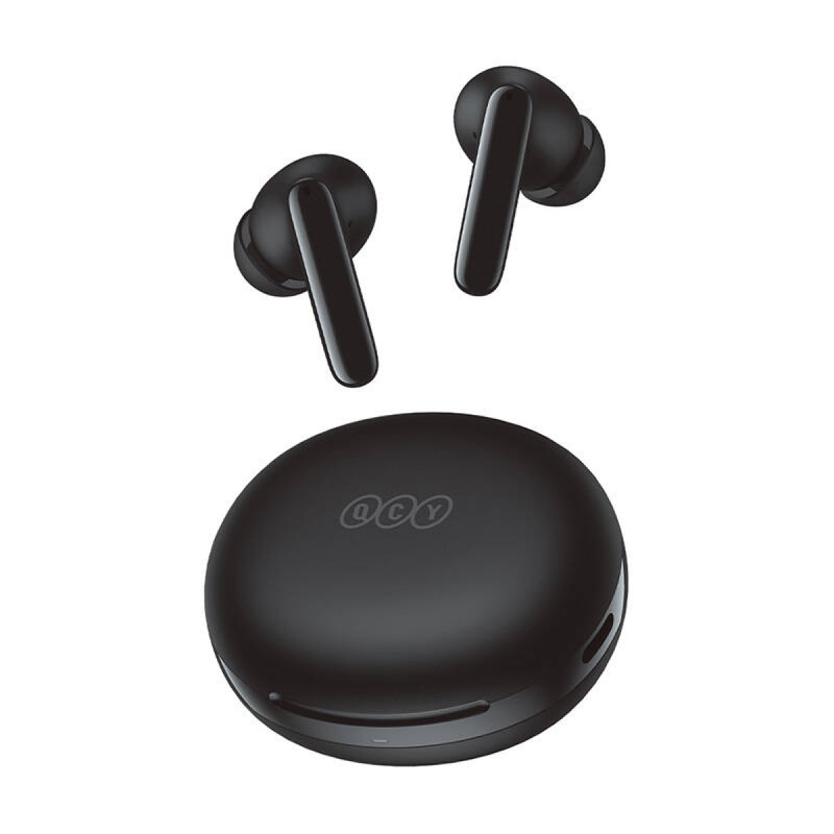 Auricolari wireless neri e custodia di ricarica. La custodia è ovale con un logo.