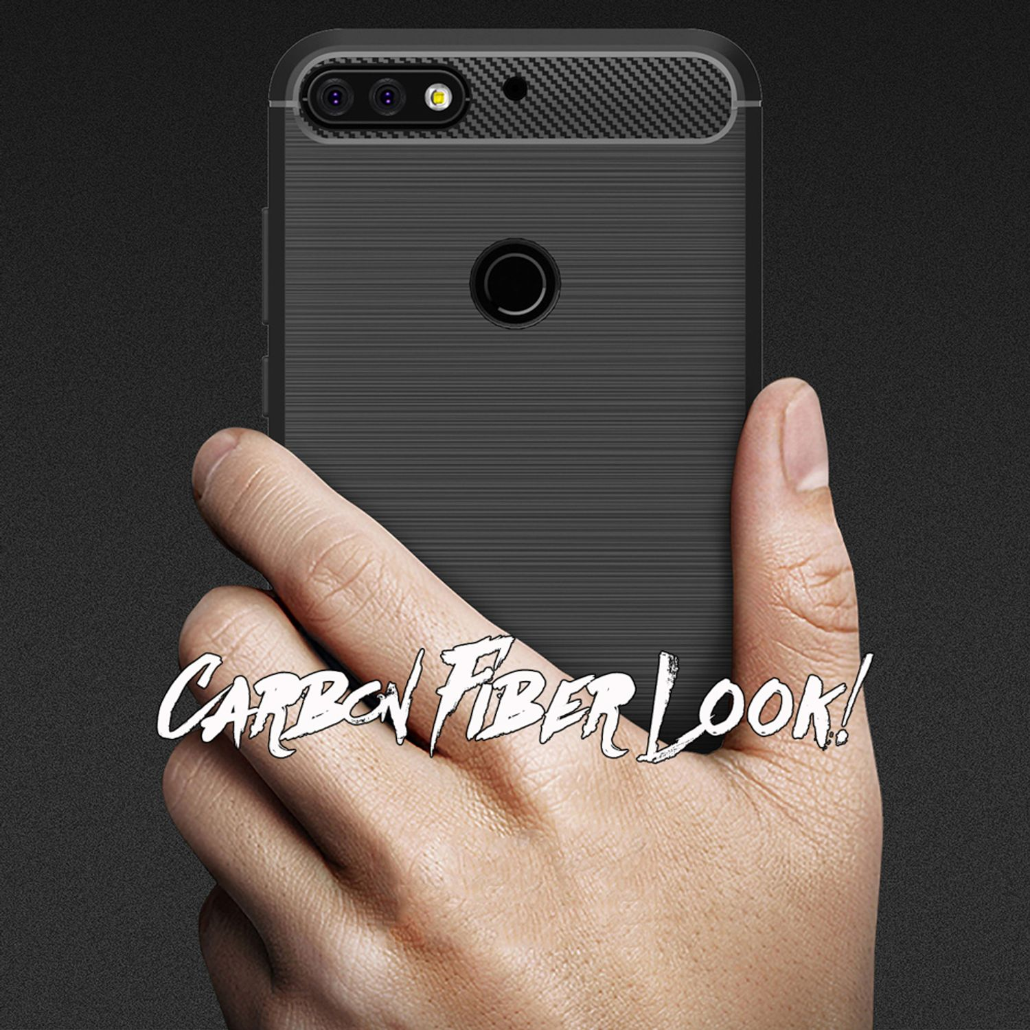 Hand hält ein schwarzes Telefon mit Carbonfaser-Optik. Das Telefon ist dunkelgrau.