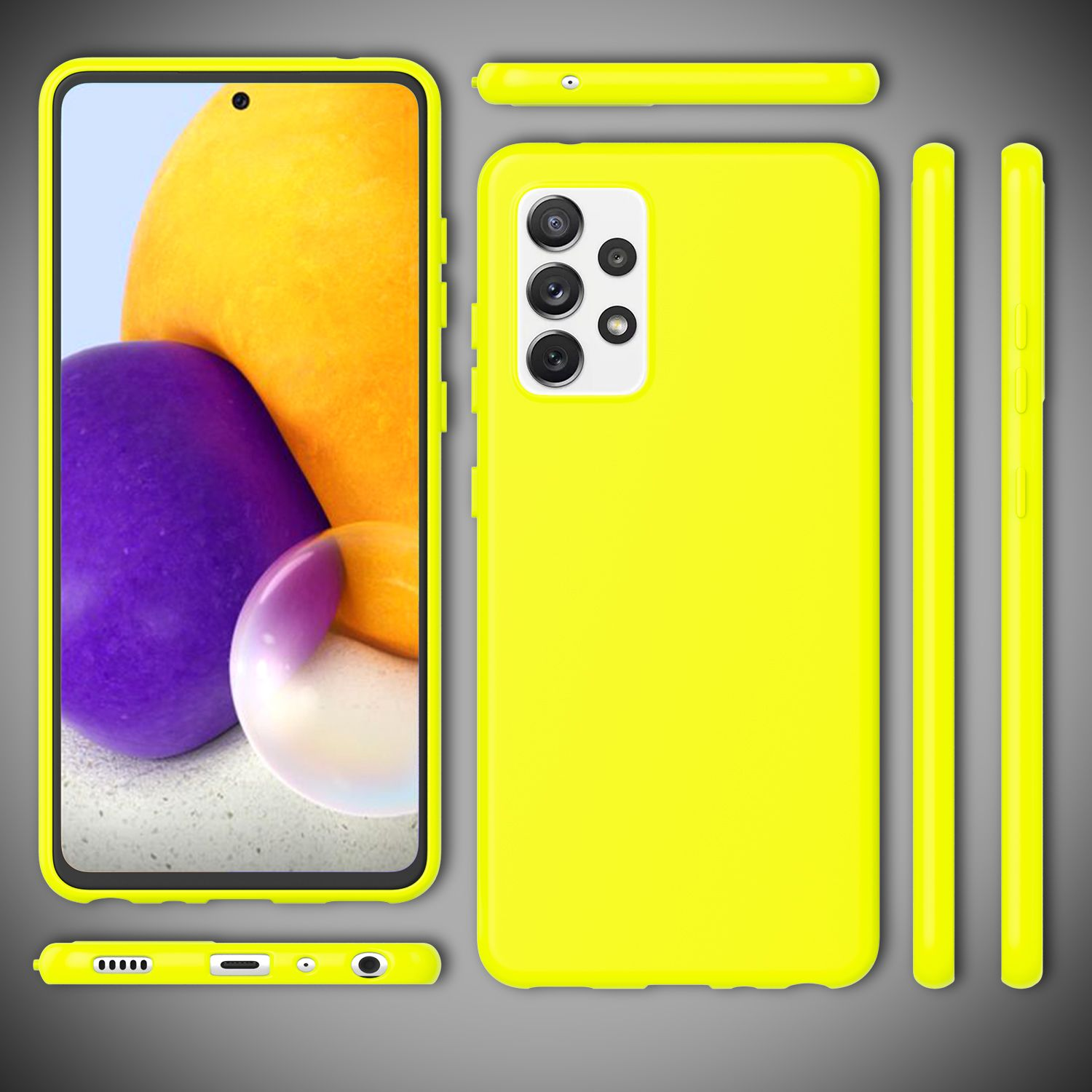 Gelbe Handyhülle mit Telefon. Mehrere Ansichten der Hülle und des Telefons.