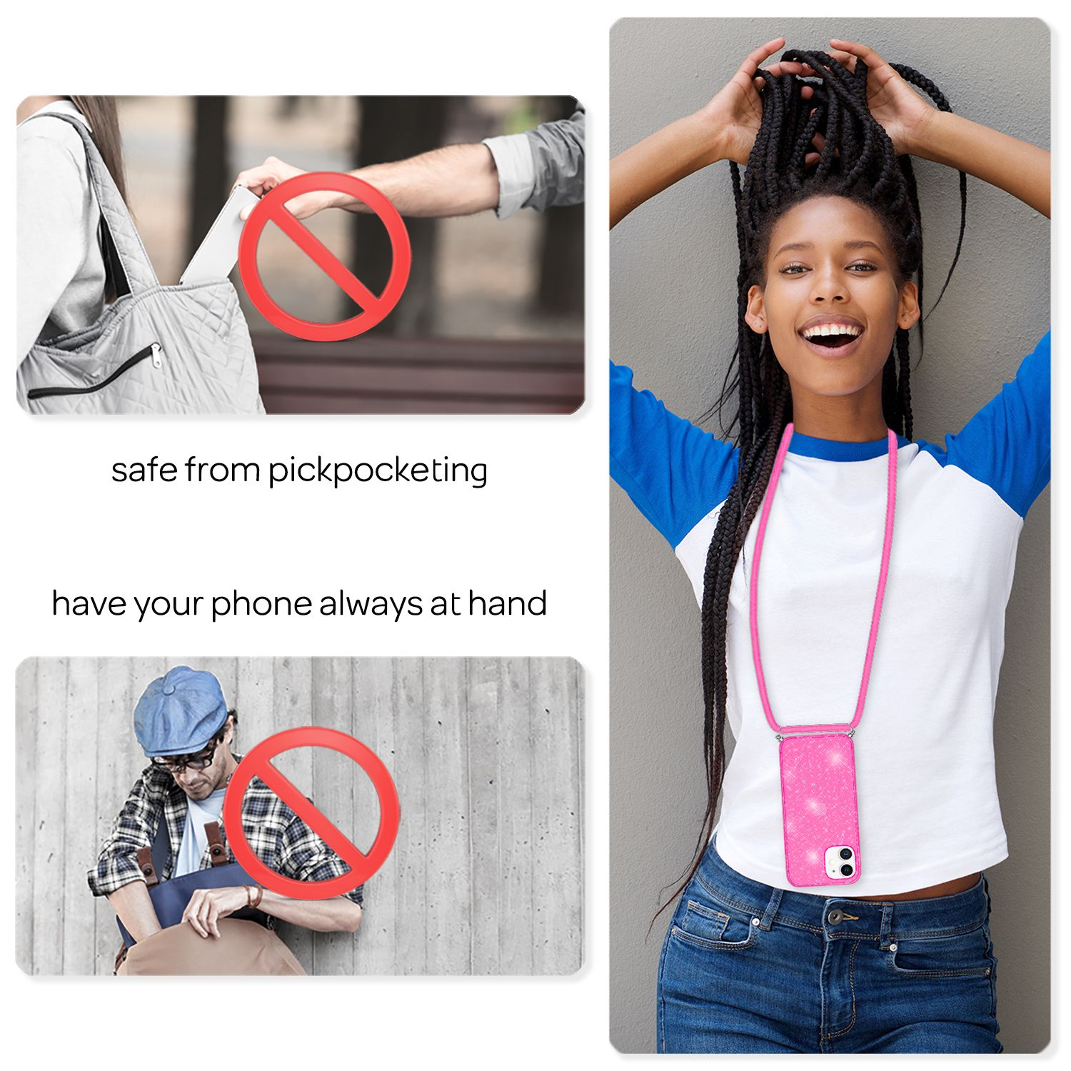 Frau mit rosa Telefon an einem Schlüsselband. Andere Bilder zeigen Taschendiebstahlprävention.