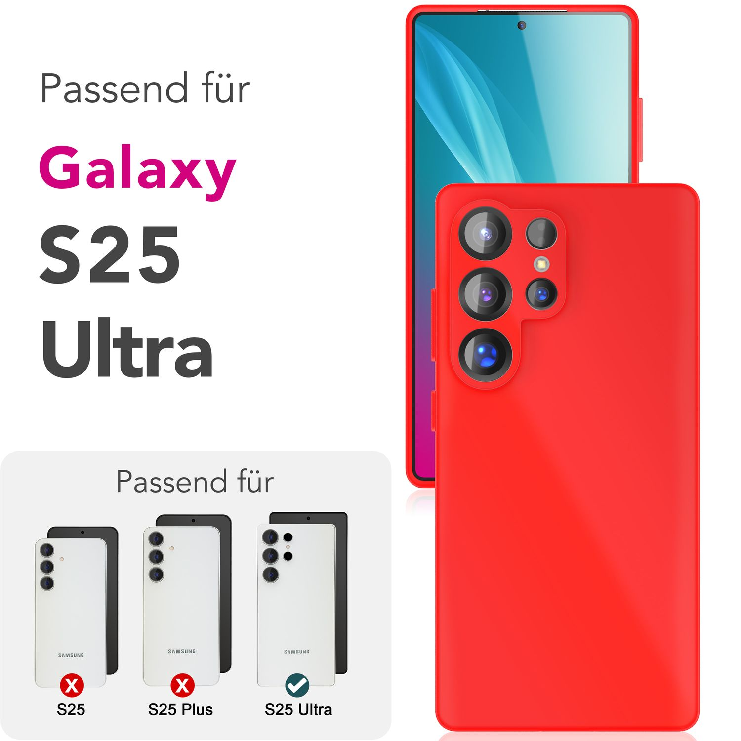 Rote Handyhülle mit Telefon. Die Hülle ist für das Galaxy S25 Ultra. Kompatibilität wird gezeigt.