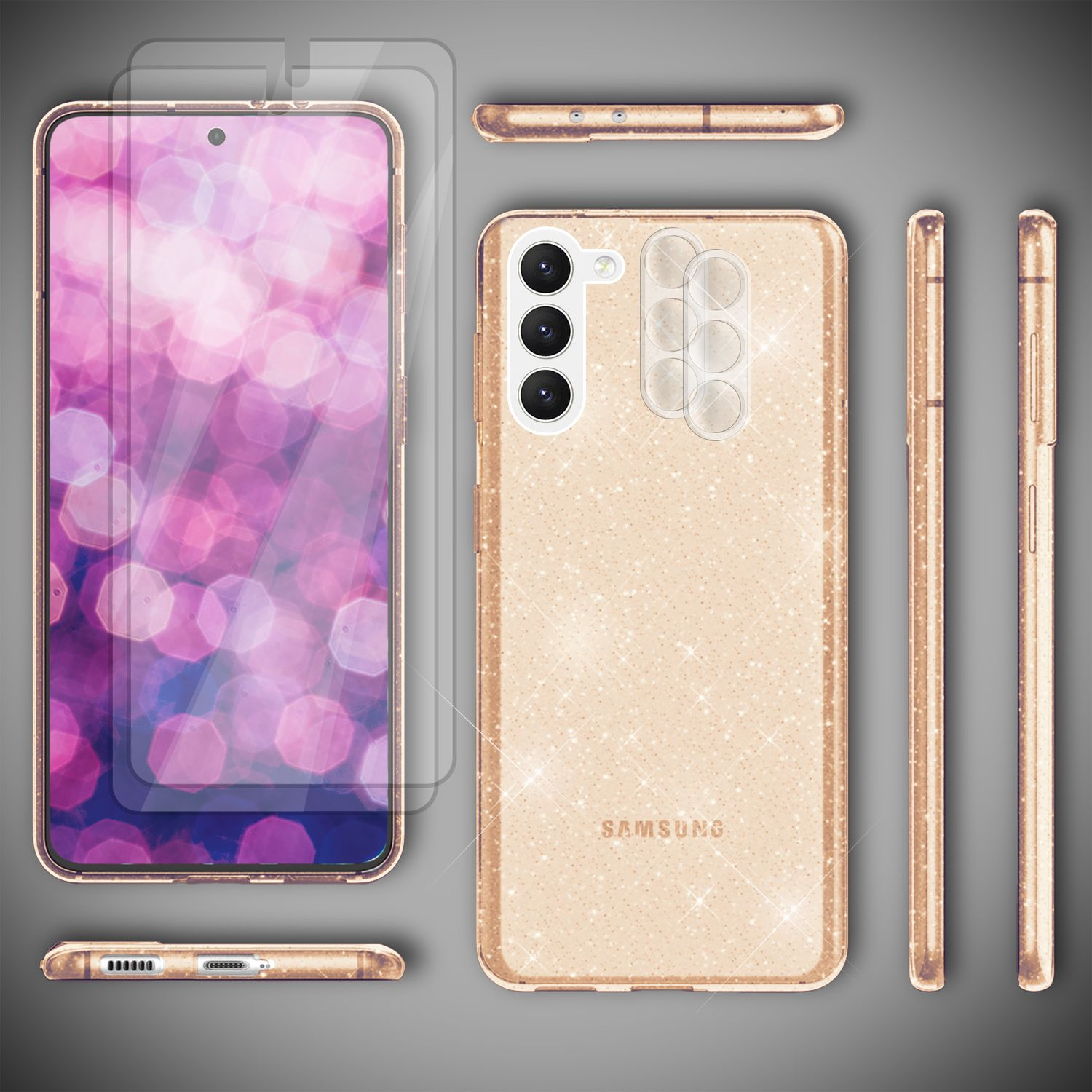 Eine goldfarbene Handyhülle mit einem Telefon und einem Displayschutz. Verschiedene Winkel werden gezeigt.