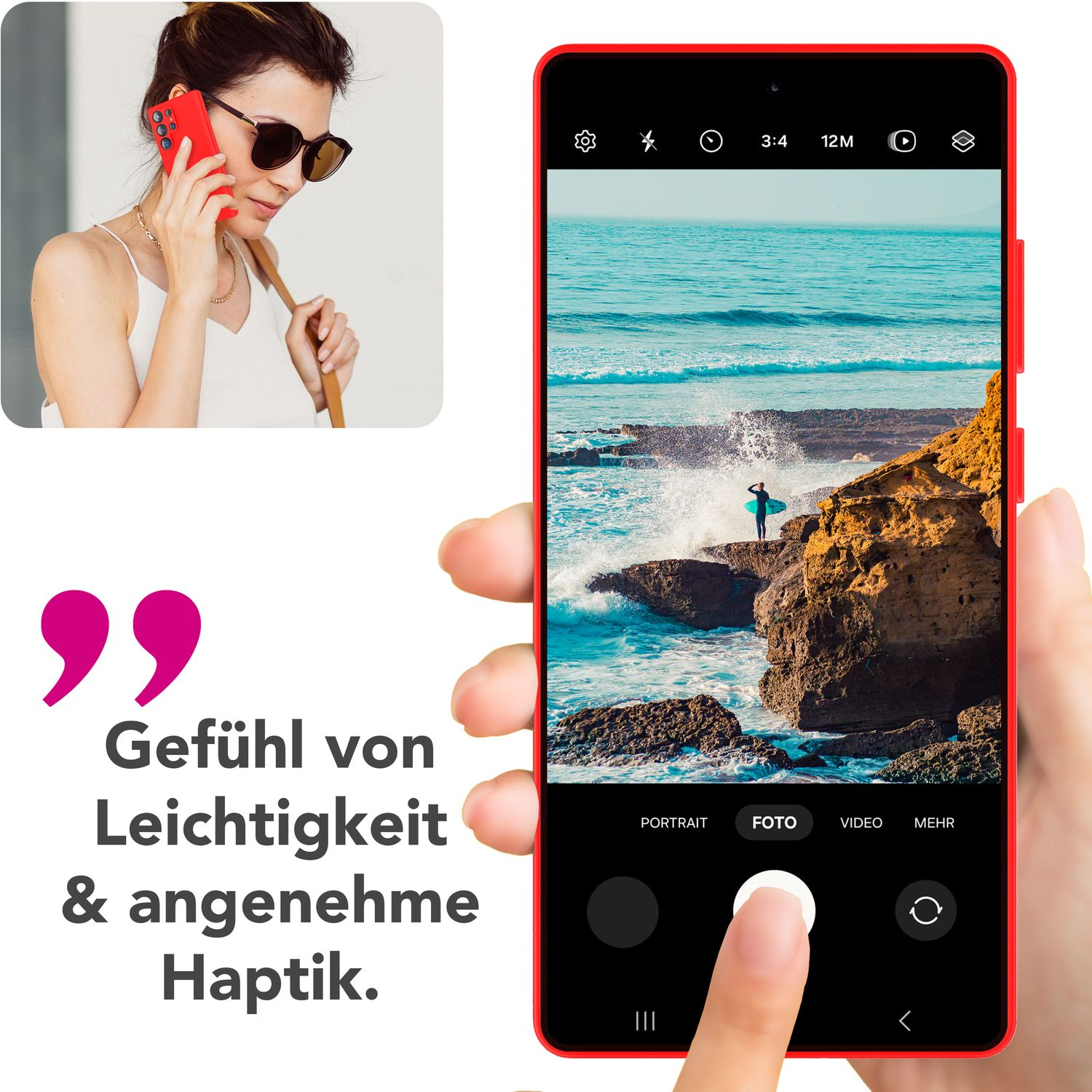 Frau hält ein Telefon, das ein Foto zeigt. Foto zeigt Ozean und Person mit Surfbrett. Roter Rahmen.