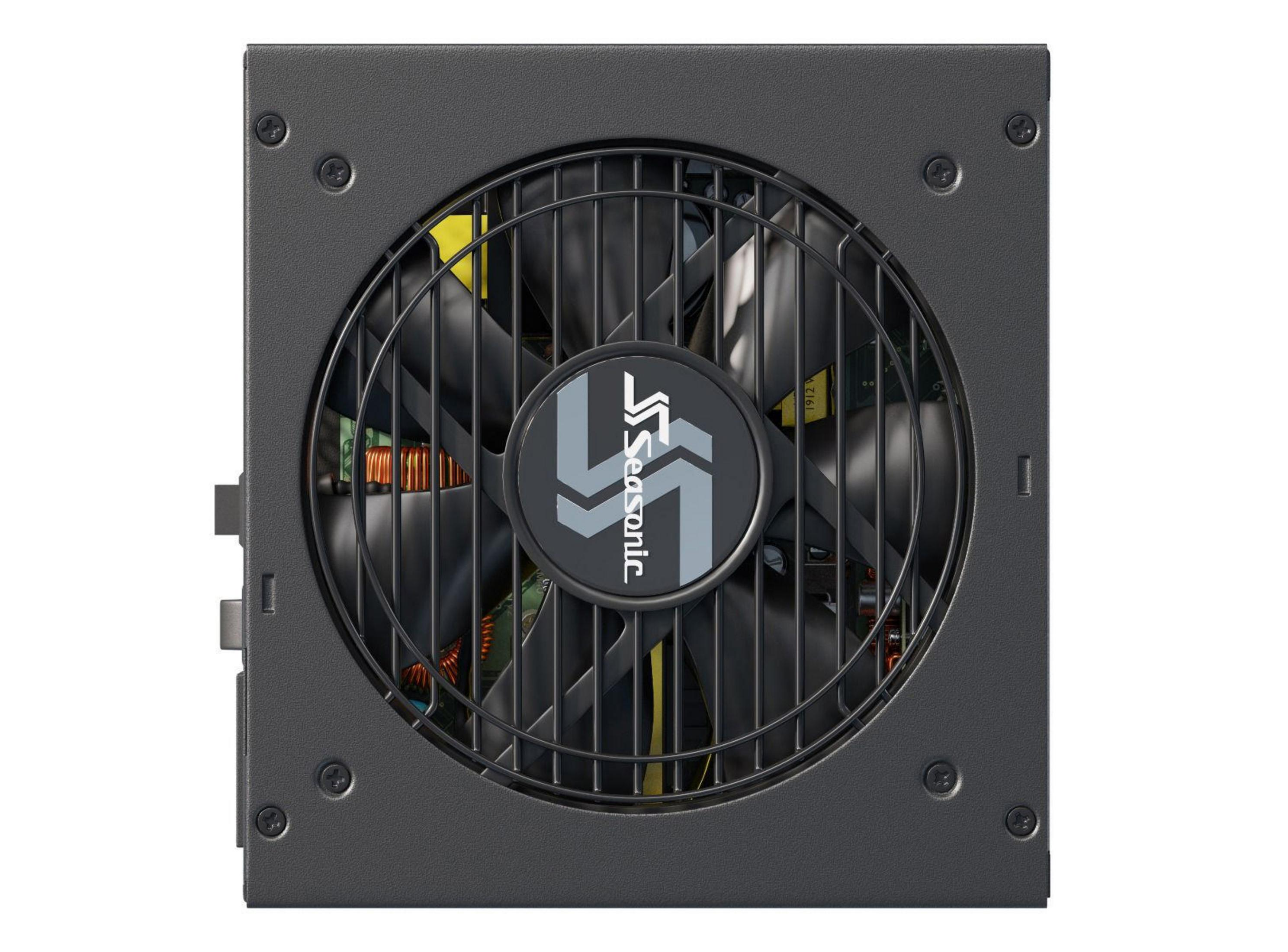 Un alimentatore per computer (PSU) nero con una ventola e il logo Seasonic.