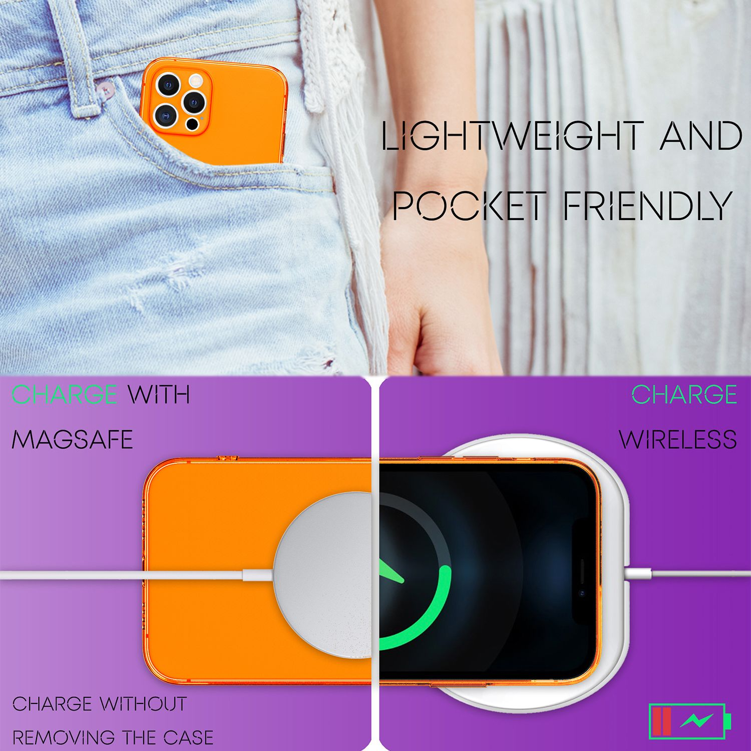 Orangefarbene Handyhülle in einer Tasche, mit MagSafe und kabellosen Ladeinformationen.