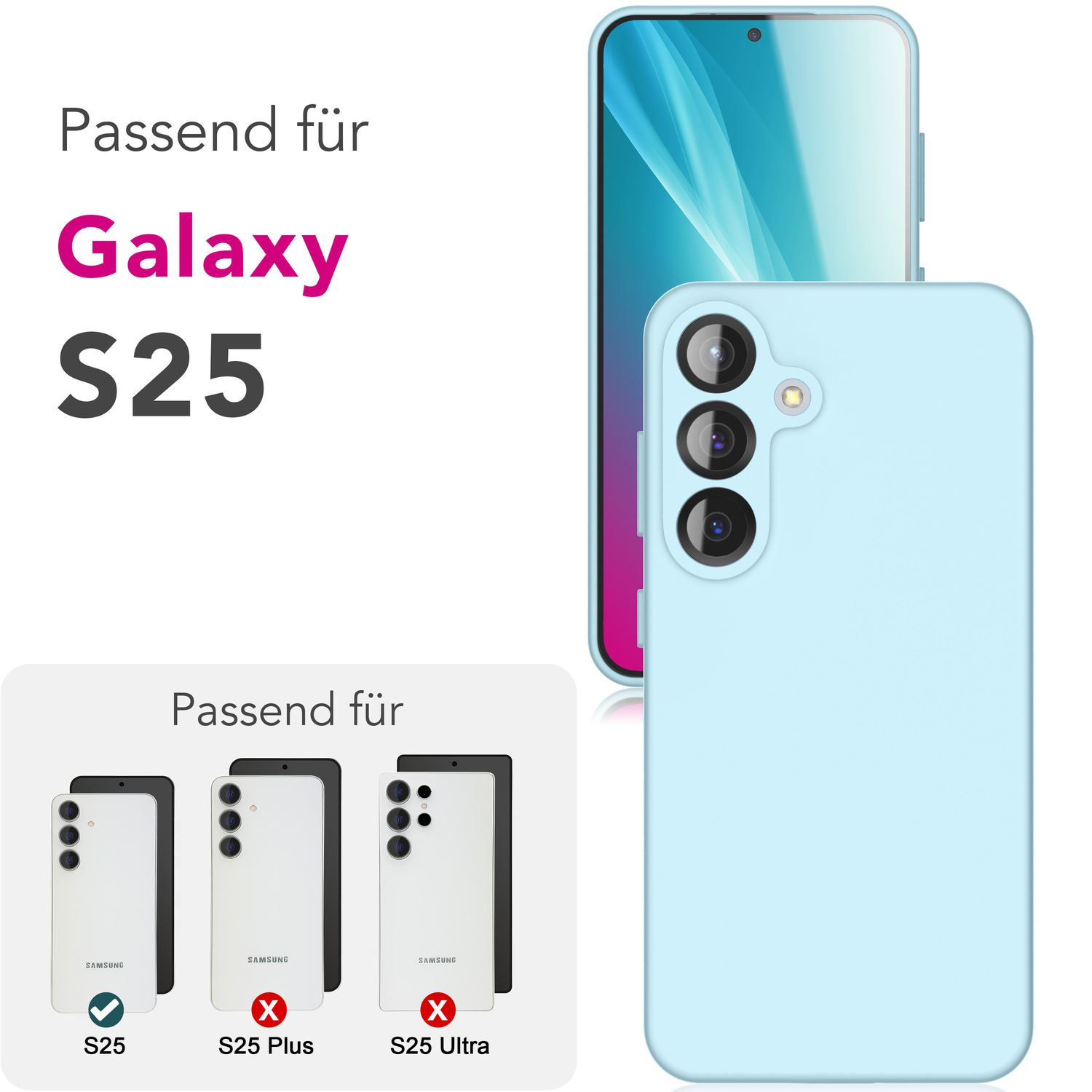 Eine hellblaue Handyhülle mit einem Telefon, mit Kompatibilitätsinformationen.