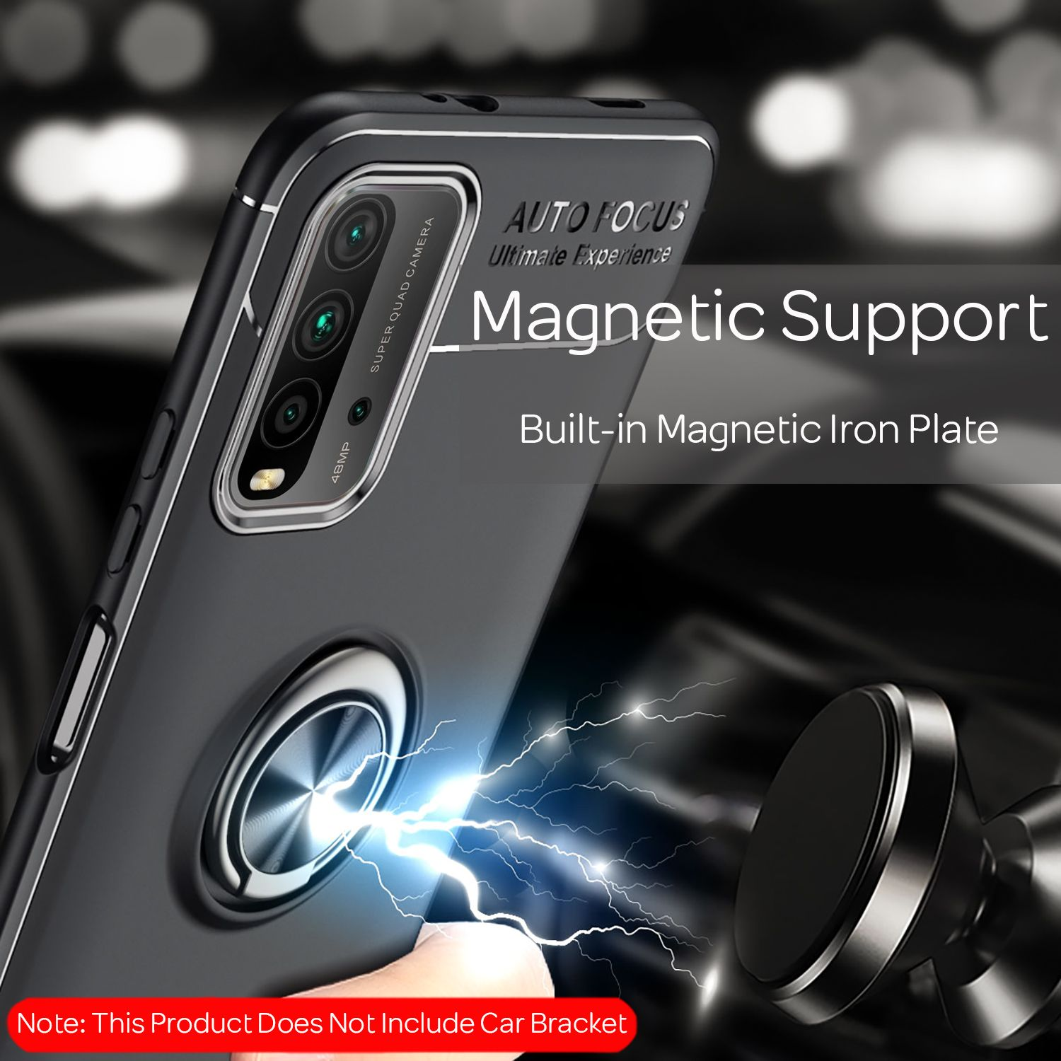 Schwarze Handyhülle mit silbernem Ring, magnetischer Halterung und Blitzeffekt. Text: Auto Focus, Magnetic Support.