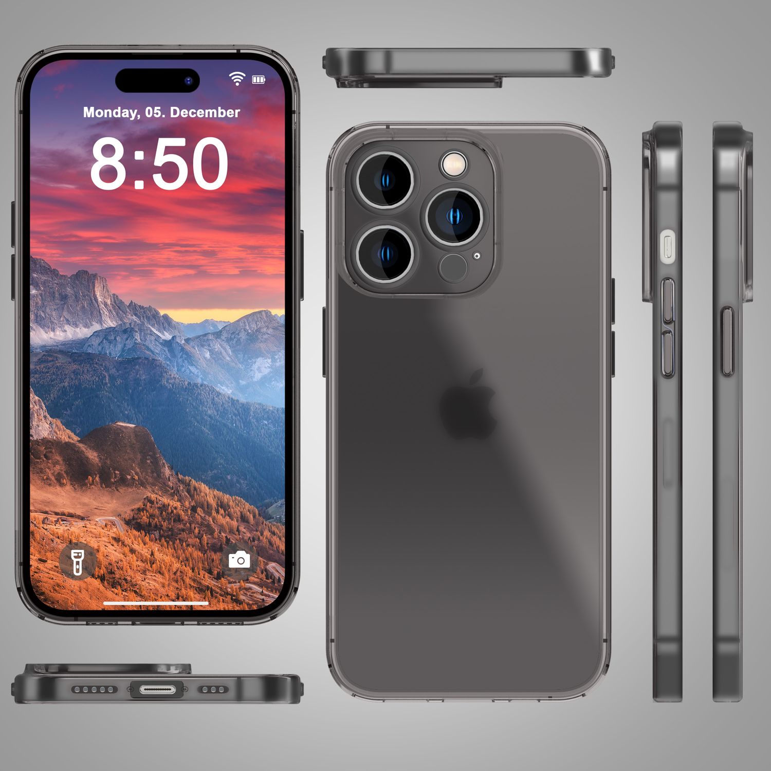Un iPhone in una custodia, su sfondo grigio. Sono visibili più viste del telefono.