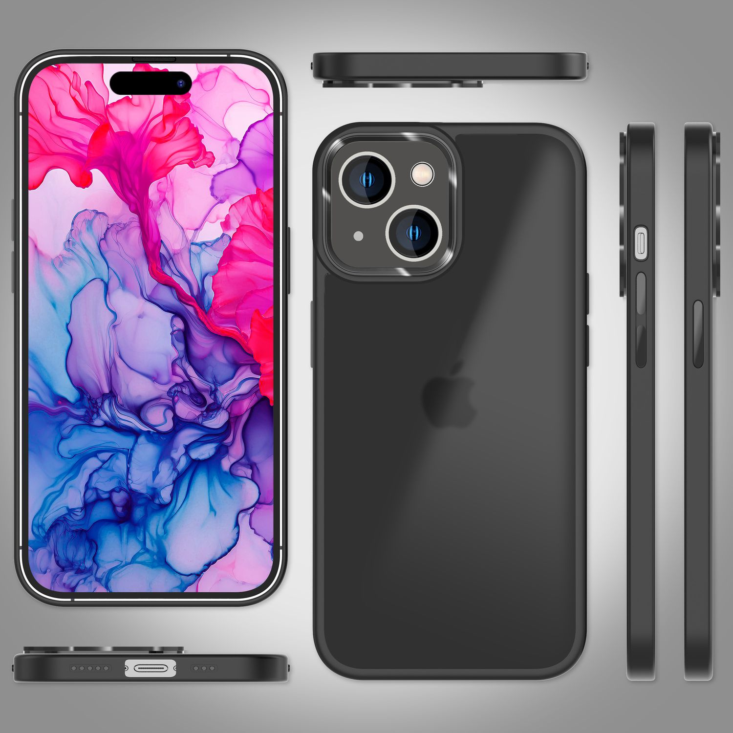Eine schwarze iPhone-Hülle. Die Rückseite zeigt ein farbenfrohes Design, das Telefon aus verschiedenen Winkeln.