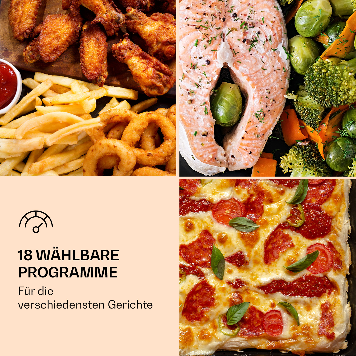 Eine Collage aus Brathähnchen, Pommes Frites, Zwiebelringen, Lachs, Gemüse und Pizza.