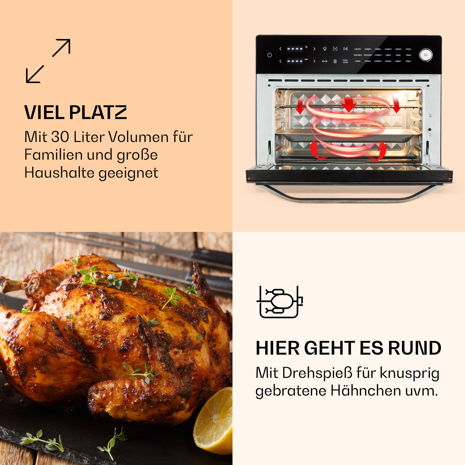 Ein Ofen mit Drehspieß und Bildern von Lebensmitteln, einschließlich eines Brathähnchens.