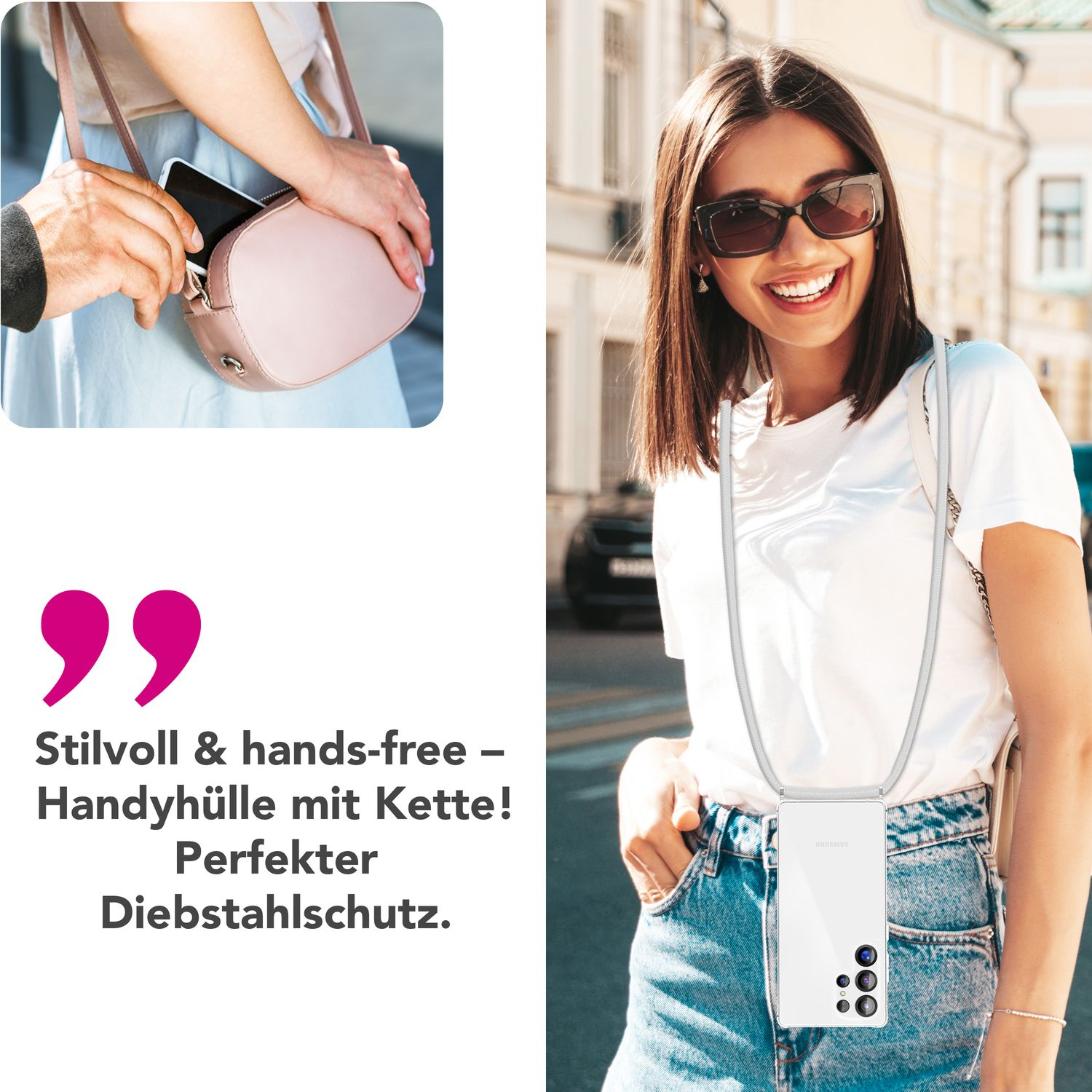 Frau mit Handyhülle und Lanyard. Kleines Bild zeigt Telefon in rosa Geldbörse.