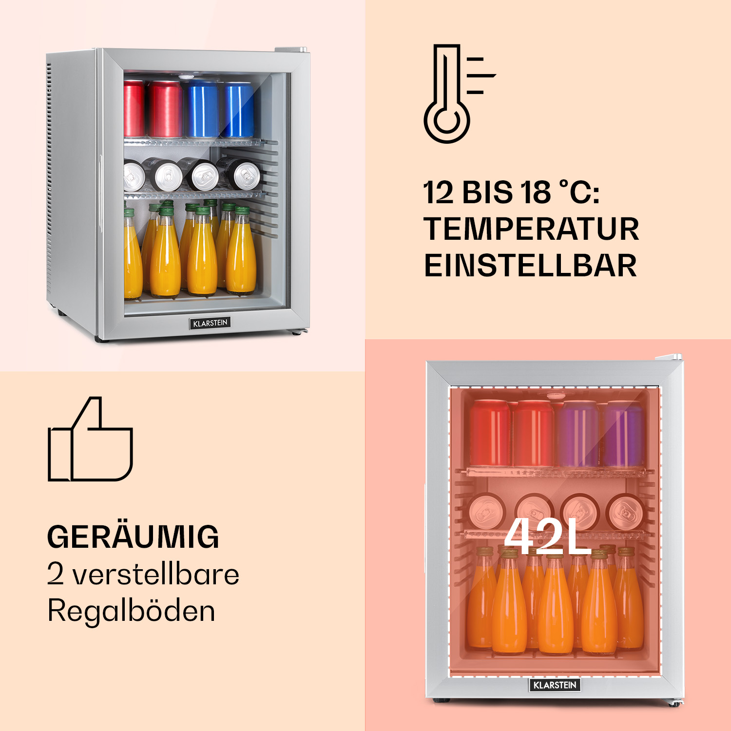 Silberner Minikühlschrank mit Dosen und Flaschen im Inneren. Text und Symbole werden angezeigt.