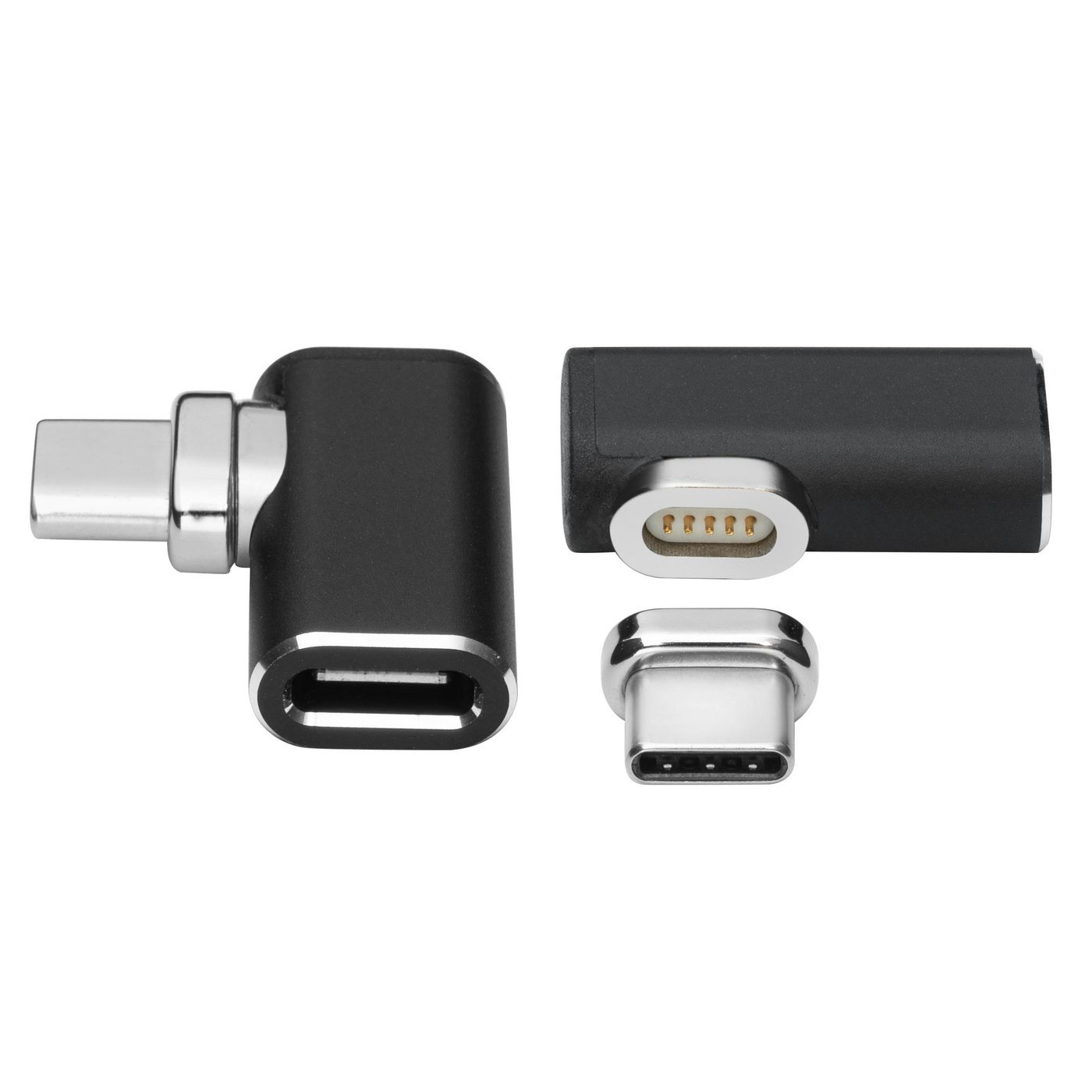 Juego de adaptador magnético USB-C, plateado y negro, con conector USB-C separado.