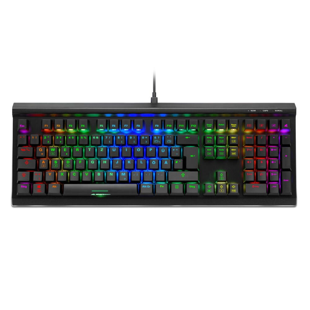 Tastiera meccanica nera con tasti multicolore, illuminata e a fuoco.