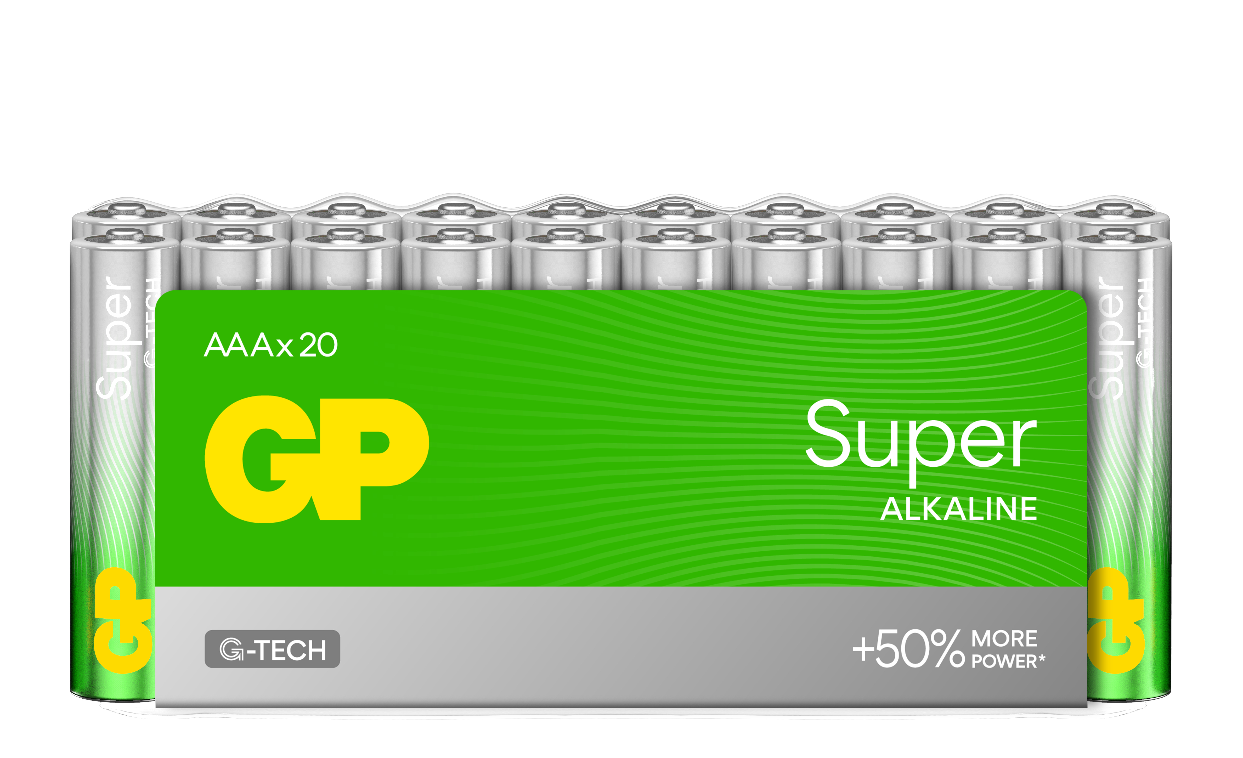 Una confezione di venti batterie AAA Super Alkaline con un design verde e bianco.