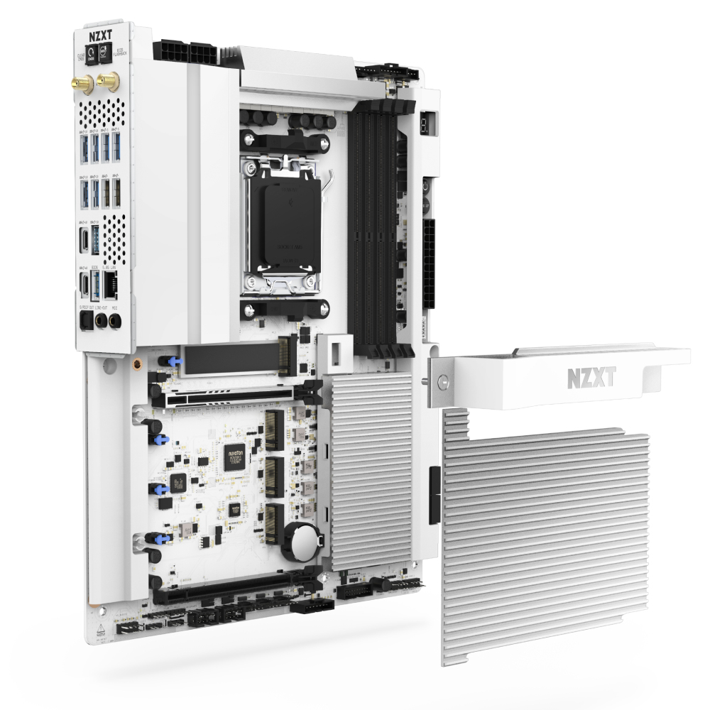 Biała płyta główna z otwartą pokrywą, pokazująca komponenty i logo NZXT.