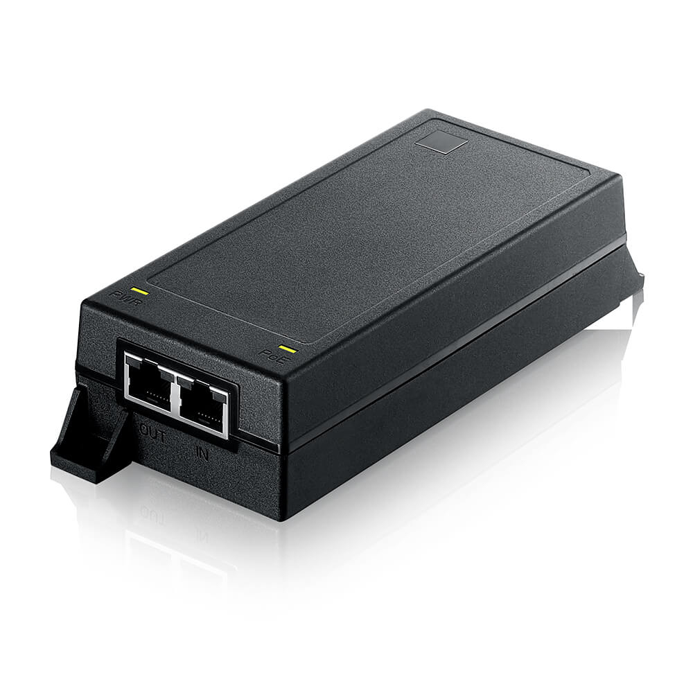 Ein schwarzes Gerät mit zwei Ethernet-Anschlüssen, beschriftet mit 'OUT' und 'IN'.