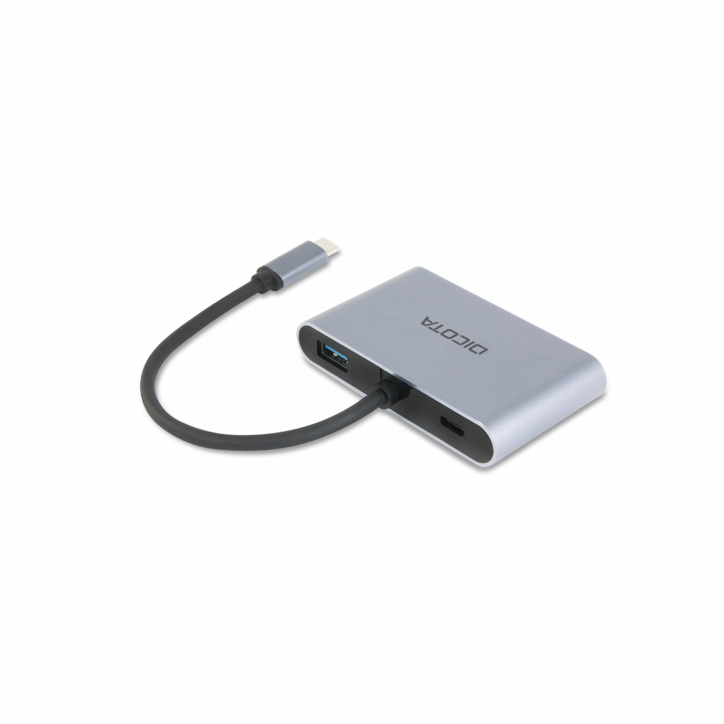 Silberner Dicota USB-C-Hub mit schwarzem Kabel auf weißem Hintergrund.