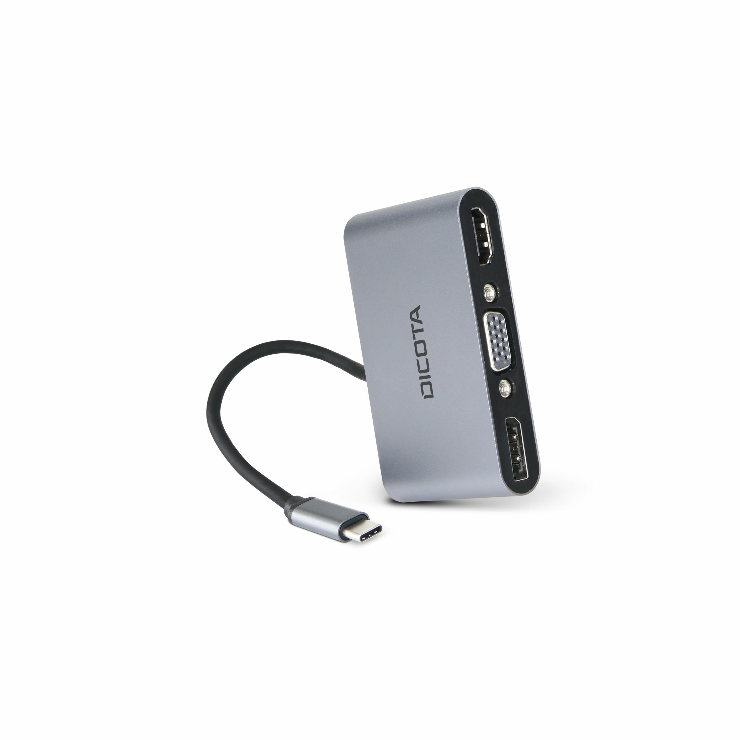 Silberner USB-C-Hub mit mehreren Anschlüssen. Isoliert auf weißem Hintergrund.