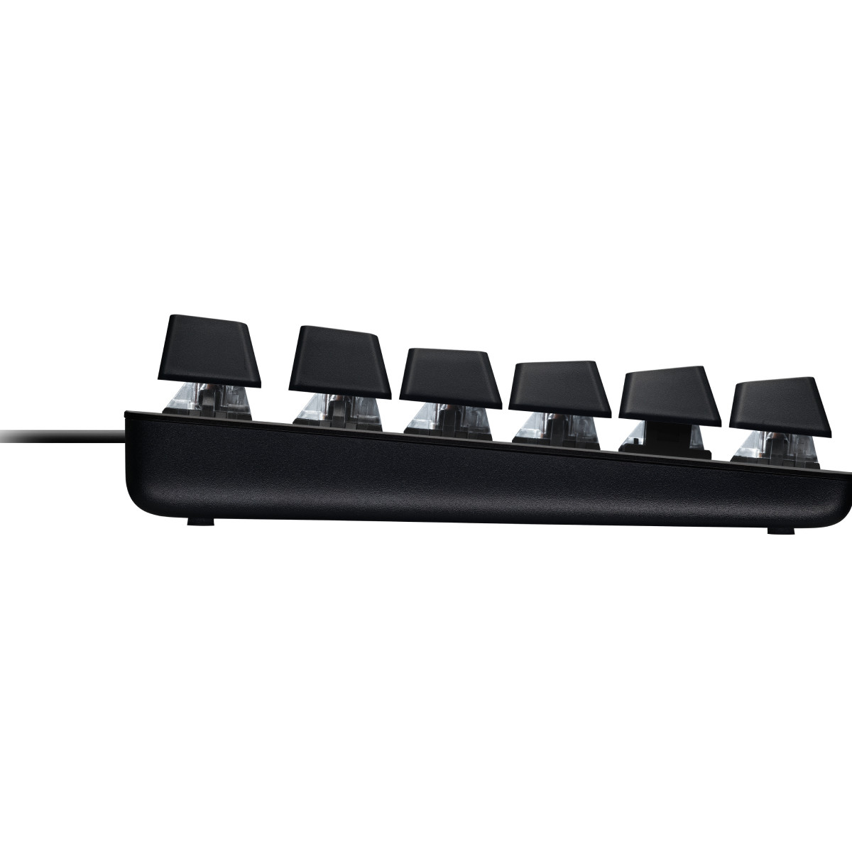Nahaufnahme einer schwarzen mechanischen Tastatur mit fünf sichtbaren Tasten.