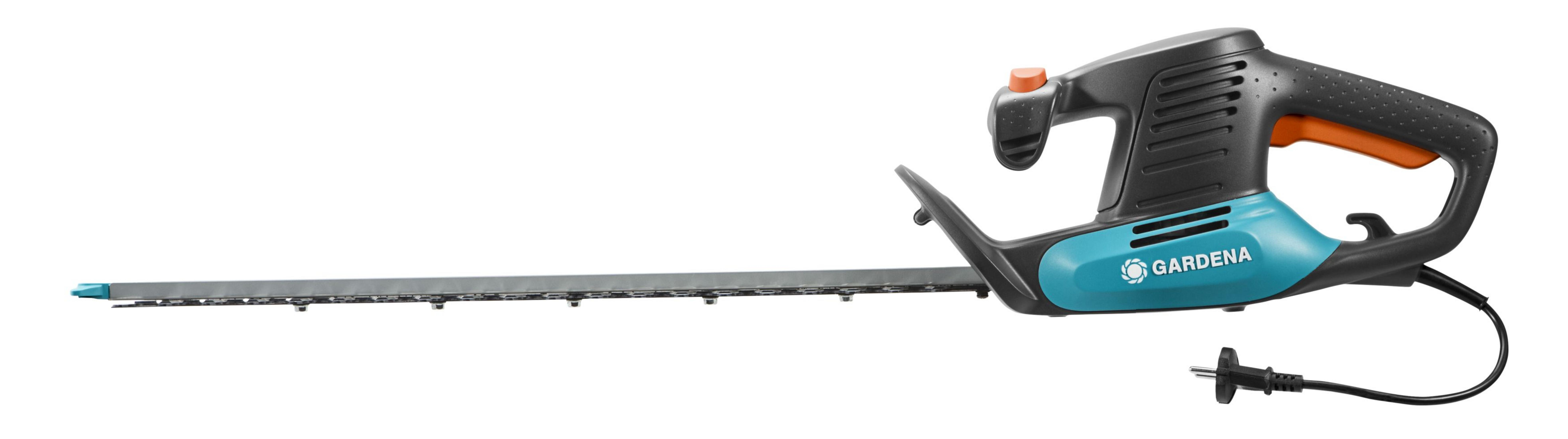 Elektrische Heckenschere von Gardena auf weiß. Schwarz, blaugrün und orange, mit Netzkabel.