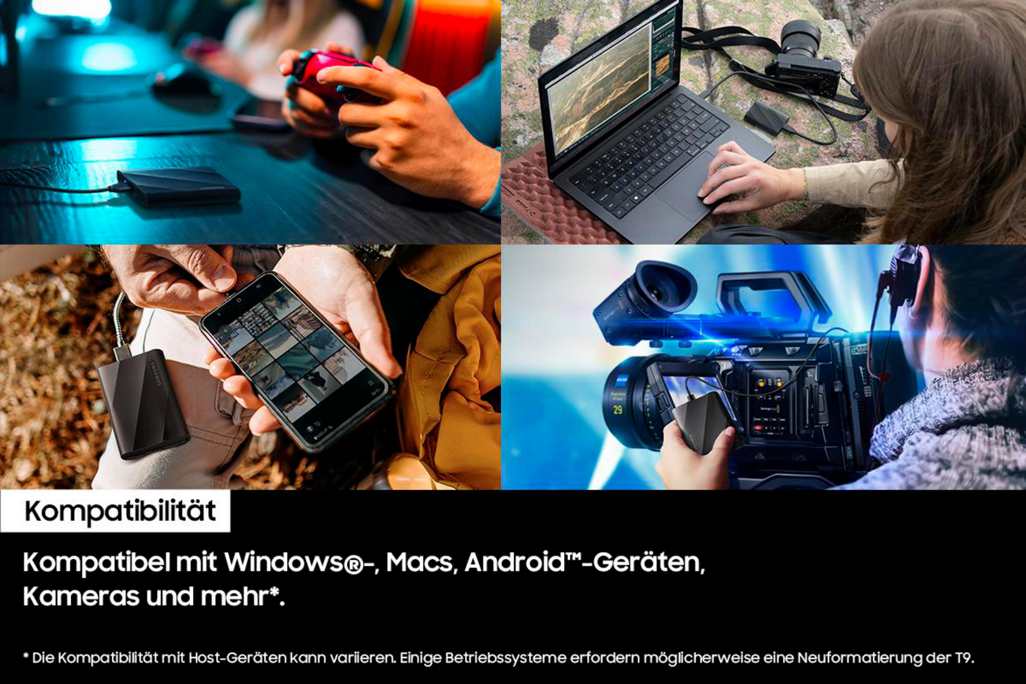 Różne urządzenia, w tym telefon, laptop i aparat, podłączone do czarnego zewnętrznego dysku twardego.