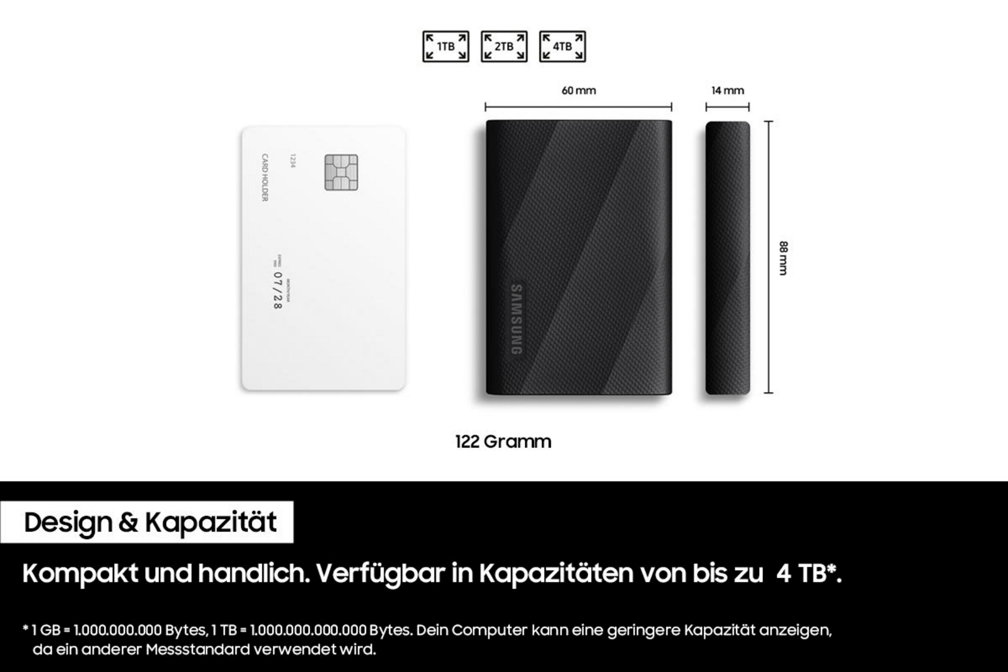 Biała karta z chipem, czarny zewnętrzny dysk twardy i wymiary.