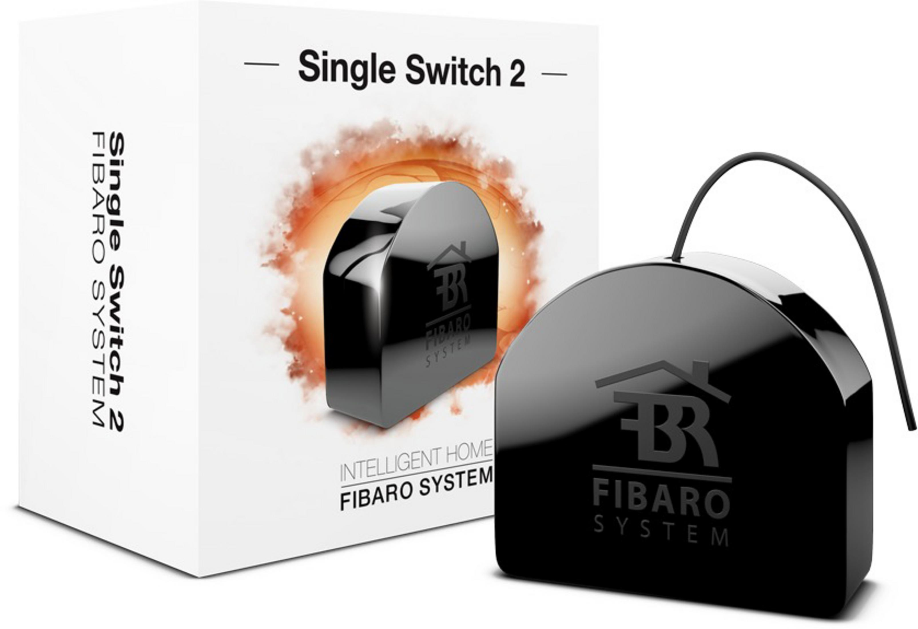 Czarny Fibaro System Single Switch 2 z pudełkiem na białym tle.