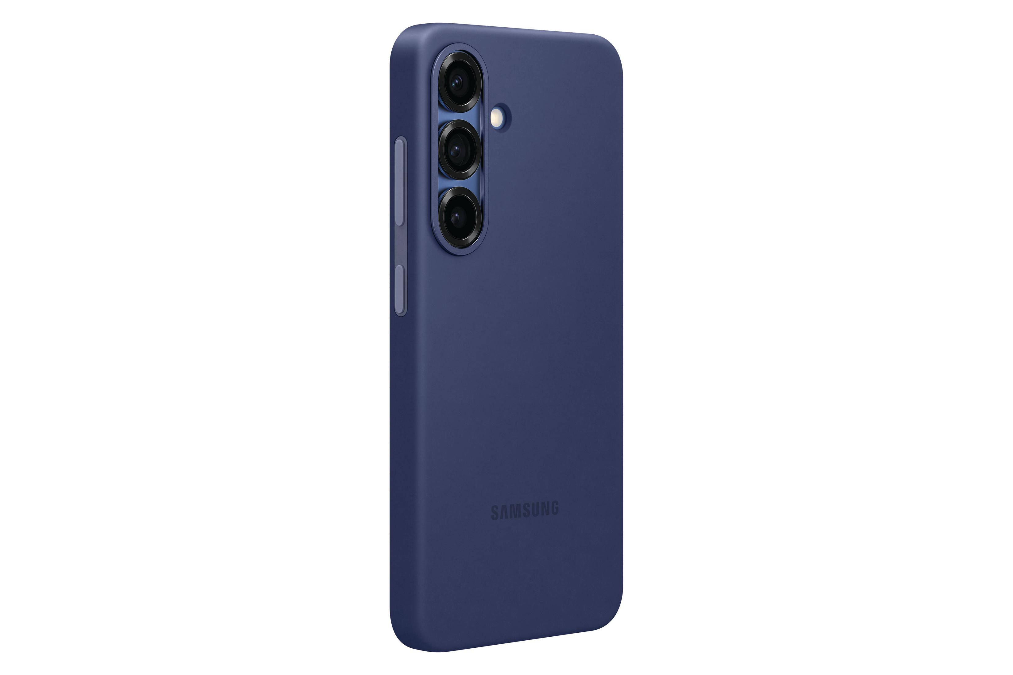 Ciemnoniebieskie etui na telefon Samsung, tył; białe tło.