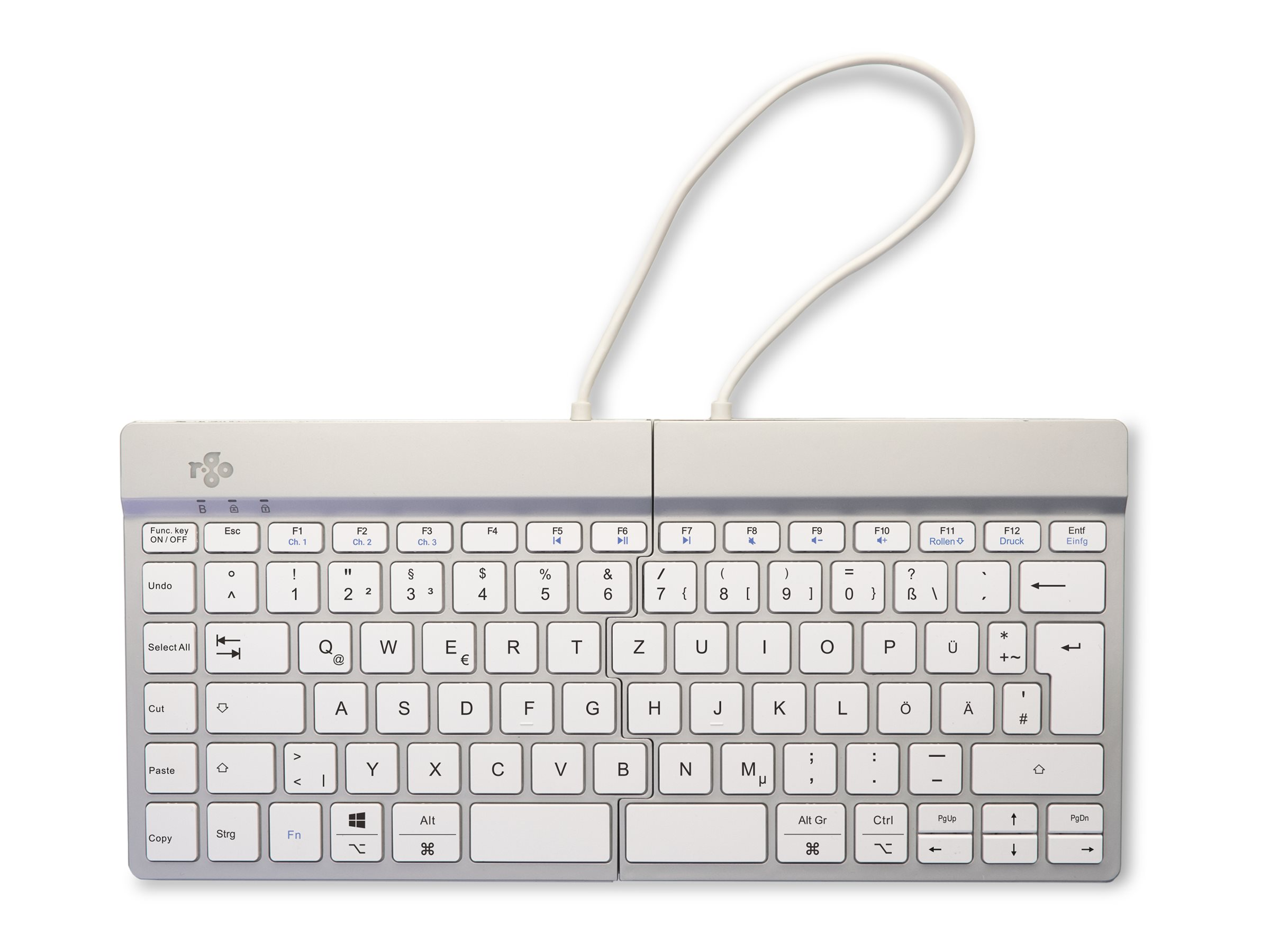 Eine weiße Tastatur mit geteiltem Design, mit Tasten und einem Verbindungskabel. Das Layout ist für die deutsche Sprache.
