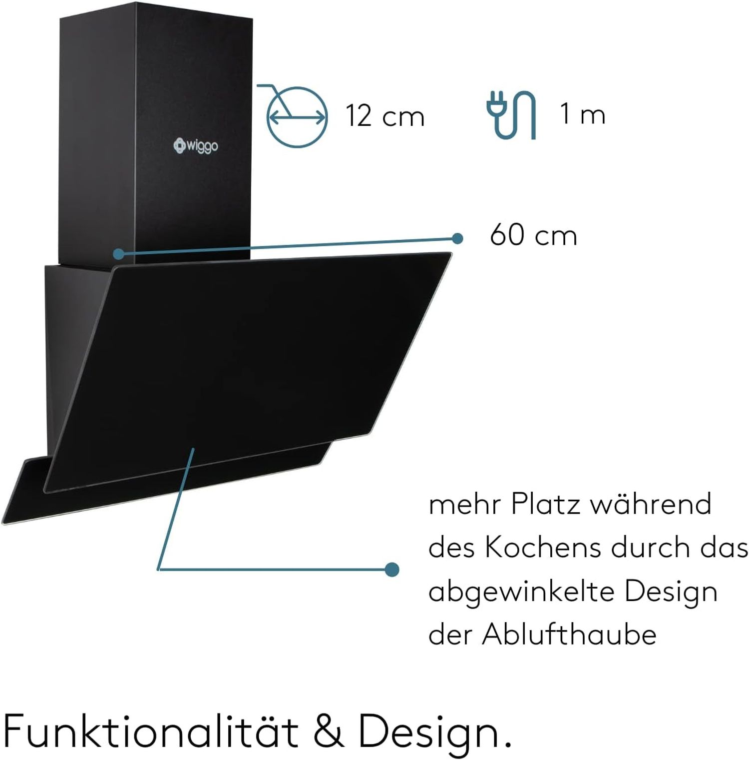 Schwarze Küchenhaube mit Abmessungen und deutscher Textbeschreibung.