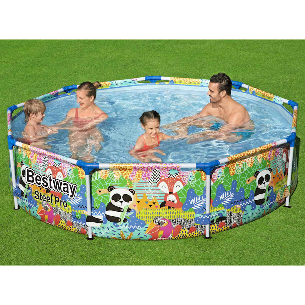 Familie in einem runden Pool mit Panda- und Fuchsmotiven.