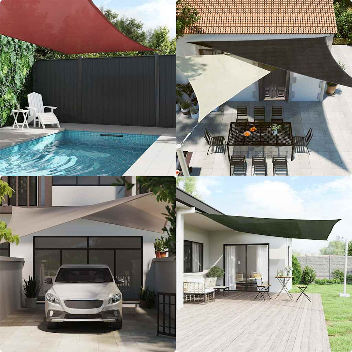 Collage di scene all'aperto con vele ombreggianti su una piscina, un patio e un'auto, con varie tonalità di colore.