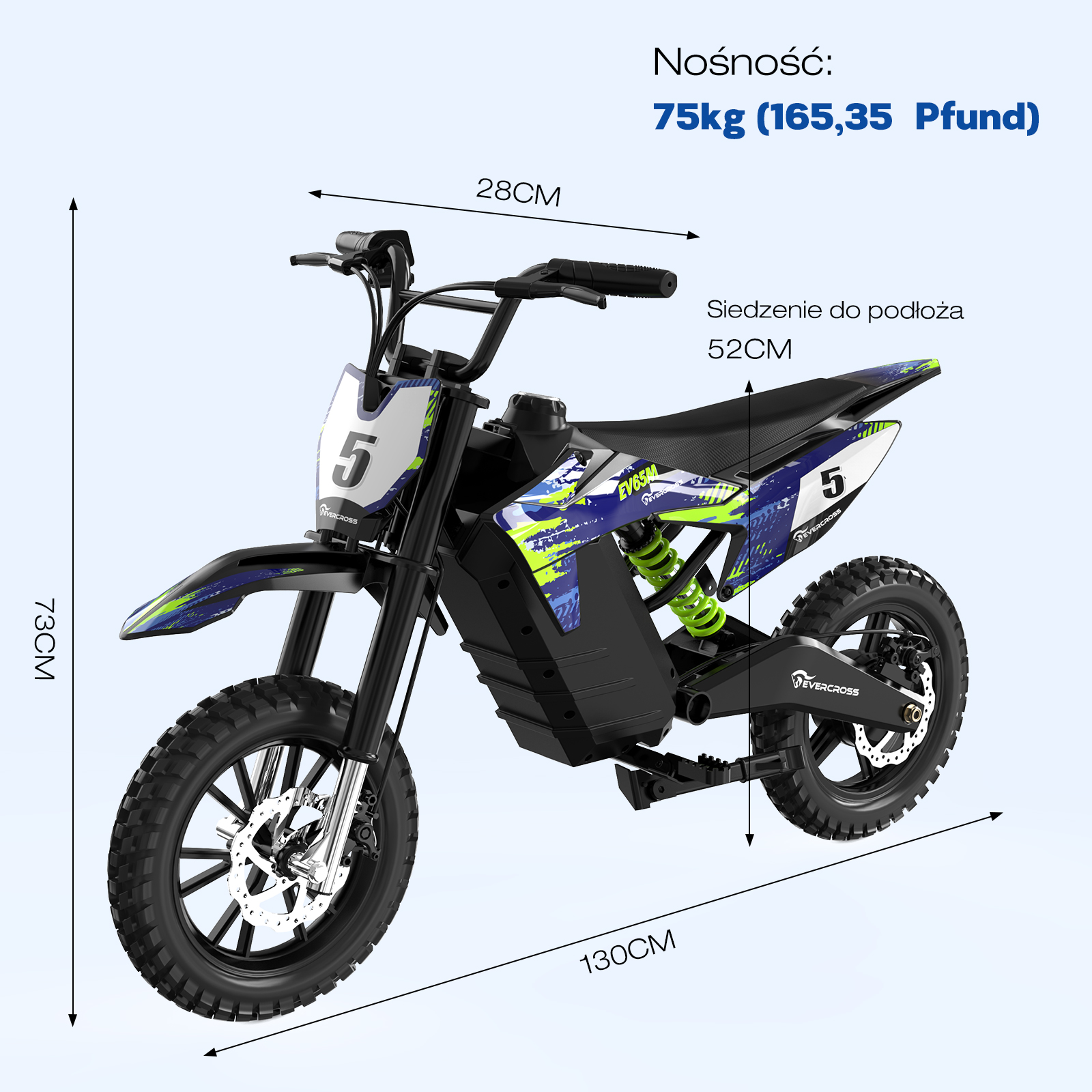 Elektryczny motocykl motocrossowy z wymiarami i specyfikacjami wyświetlanymi na niebieskim tle.
