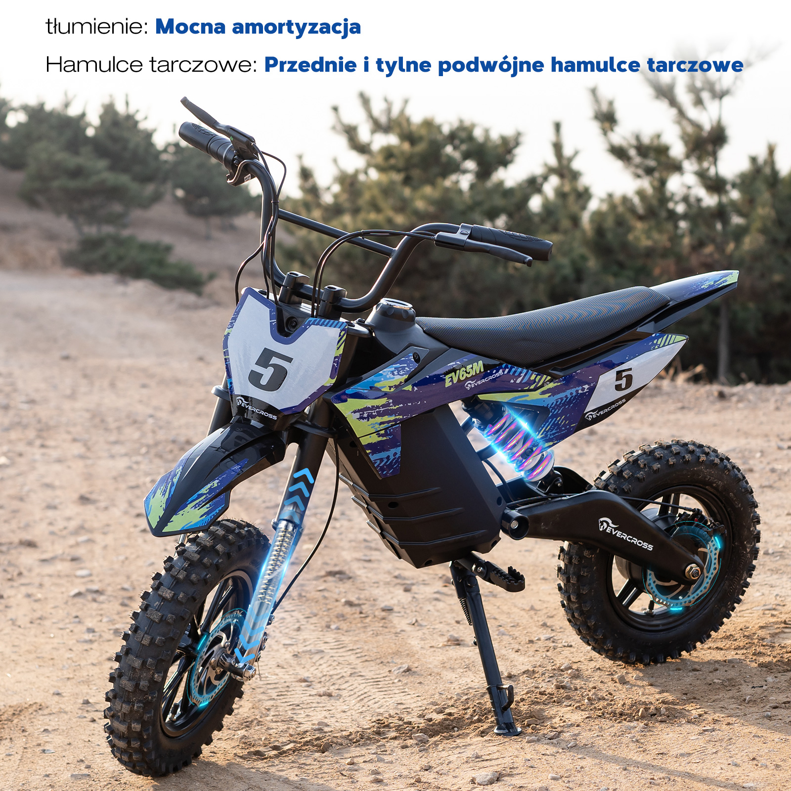 Niebiesko-czarny motocykl elektryczny z numerem 5, w naturalnym otoczeniu na zewnątrz.
