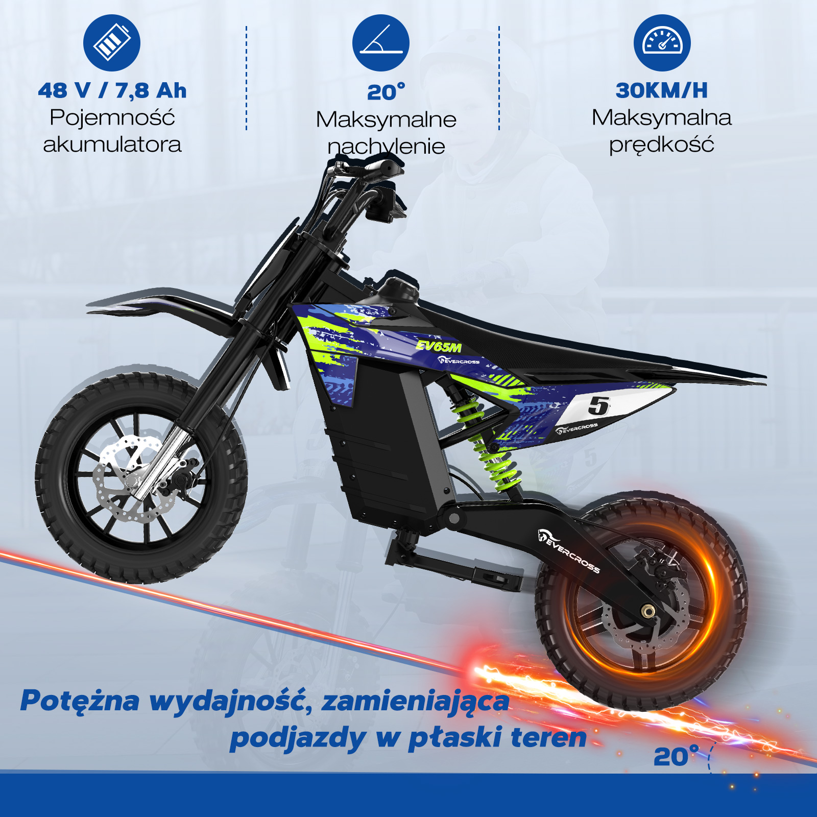 Elektryczny motocykl motocrossowy ze specyfikacjami i niebieskim tłem.
