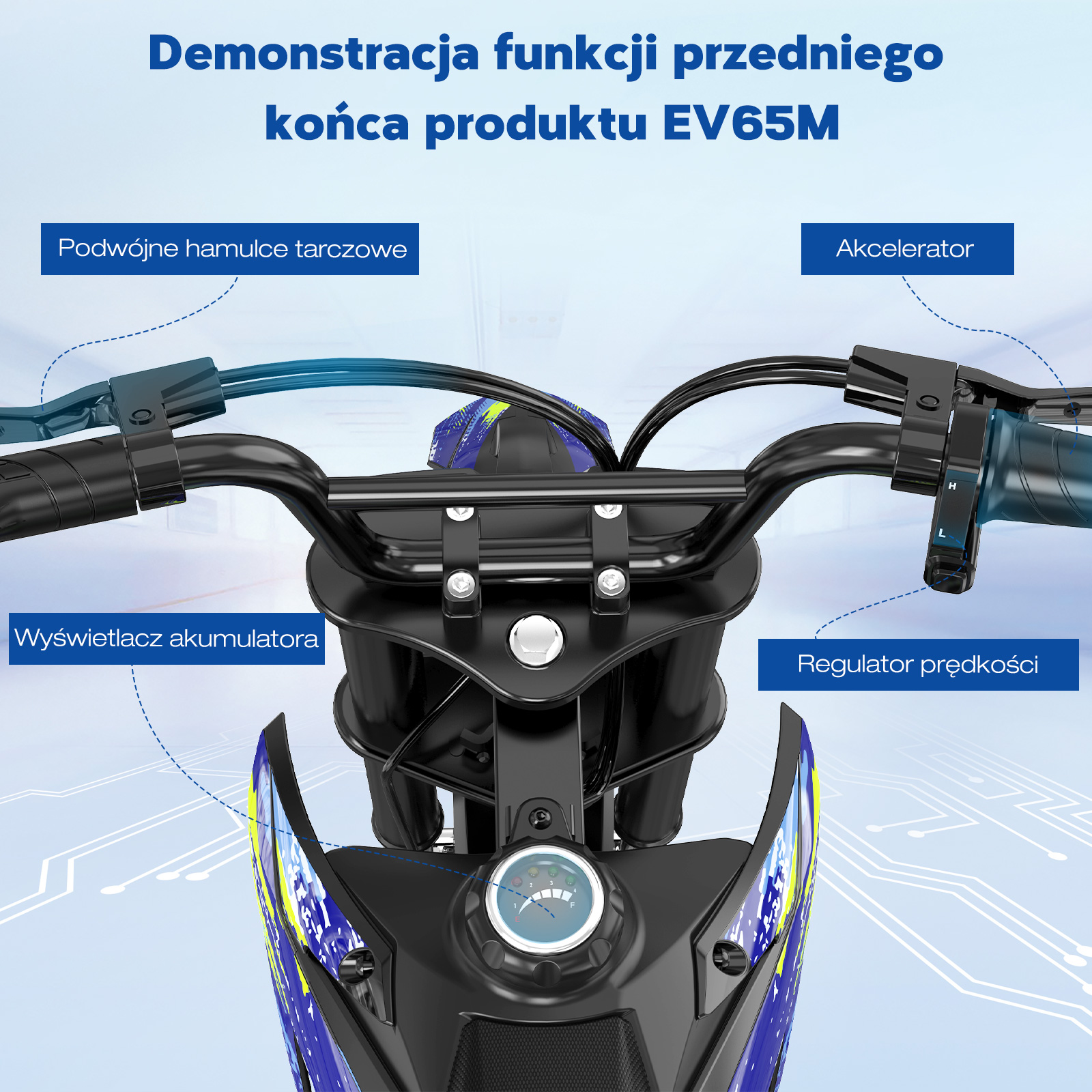 Zbliżenie kierownicy motocykla; etykiety hamulców, przepustnicy, regulatora prędkości i wskaźnika naładowania baterii.