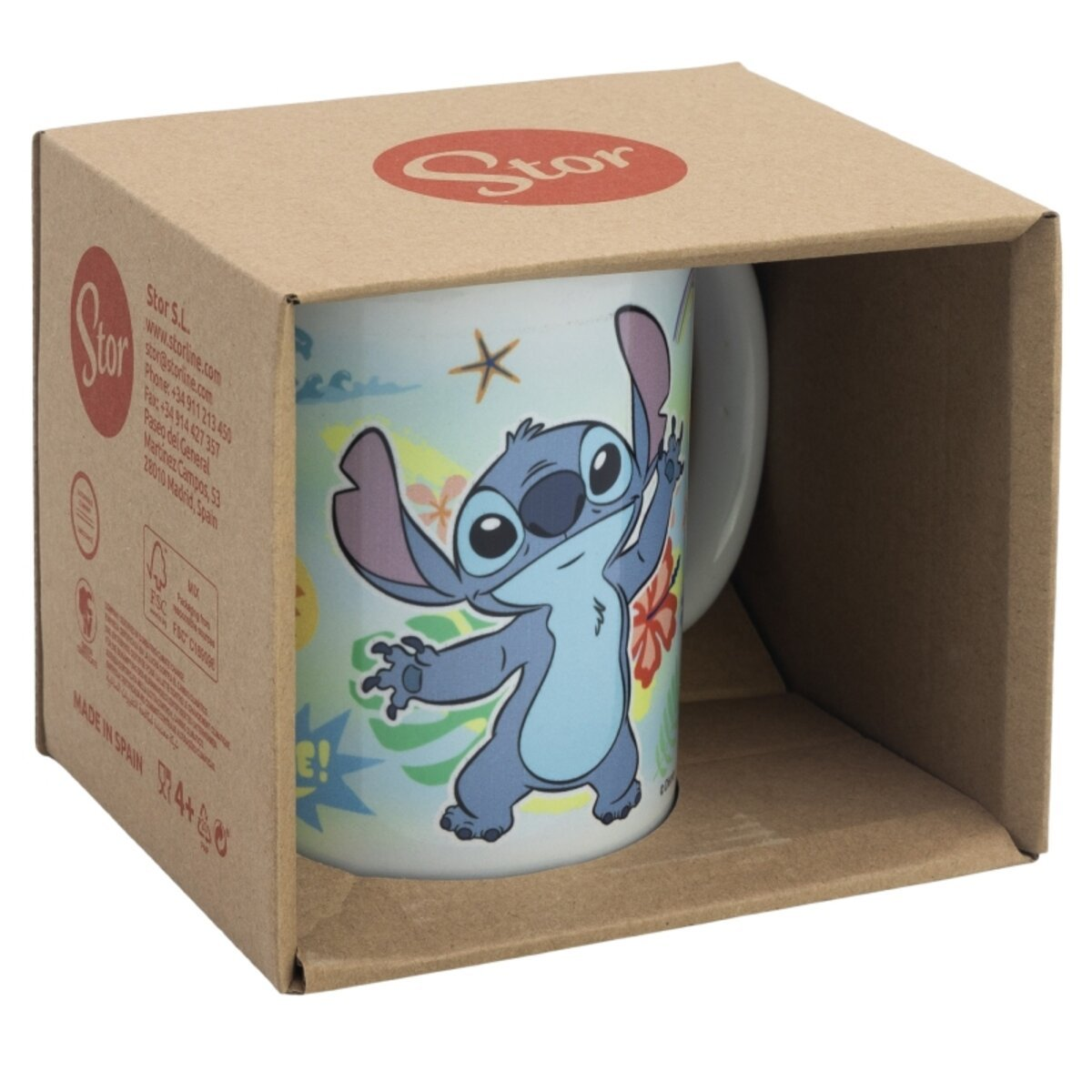 Una taza con Stitch de Lilo & Stitch en una caja.