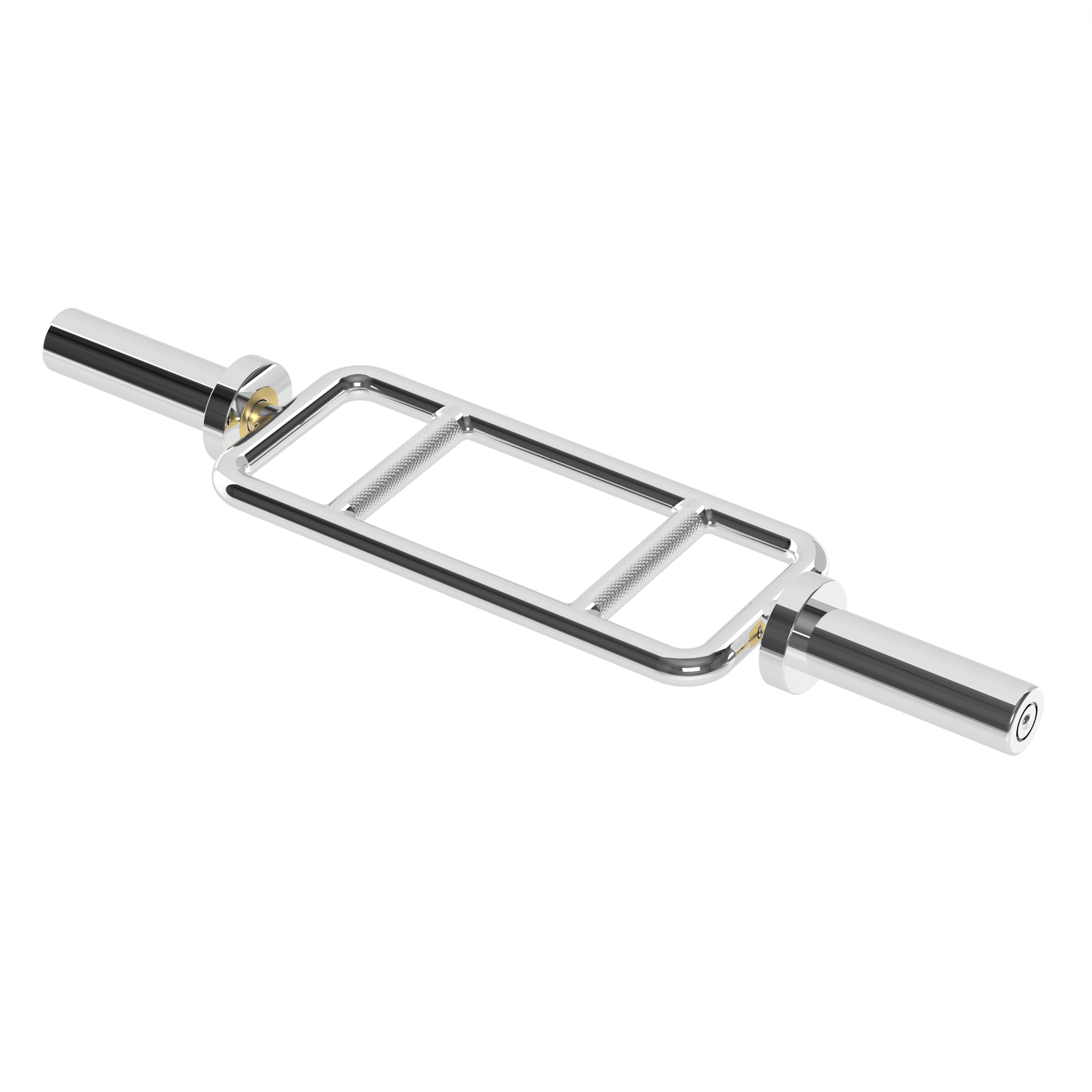 Silver cambered bar with knurled handles and a central section. For weightlifting.