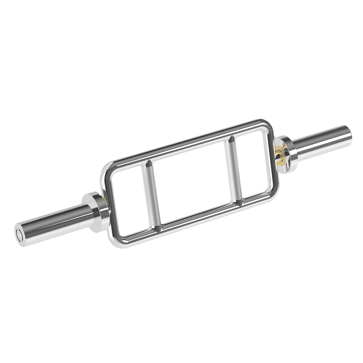 Silver cambered bar with knurled handles and a central section. For weightlifting.