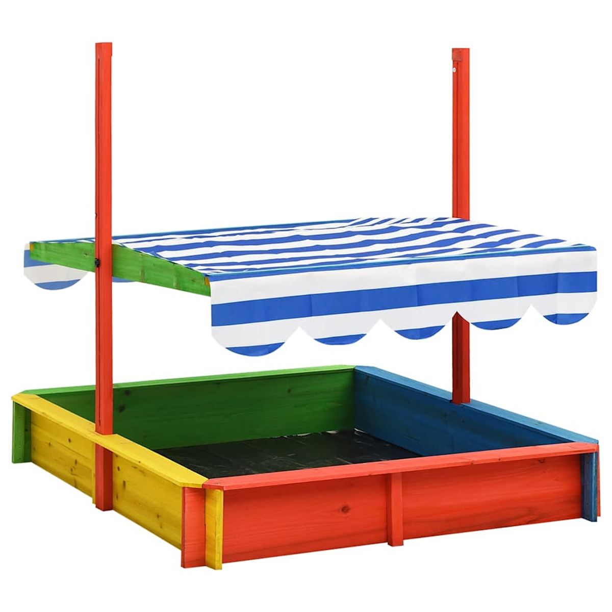 Ein bunter Sandkasten mit gestreiftem Baldachin auf weißem Hintergrund.
