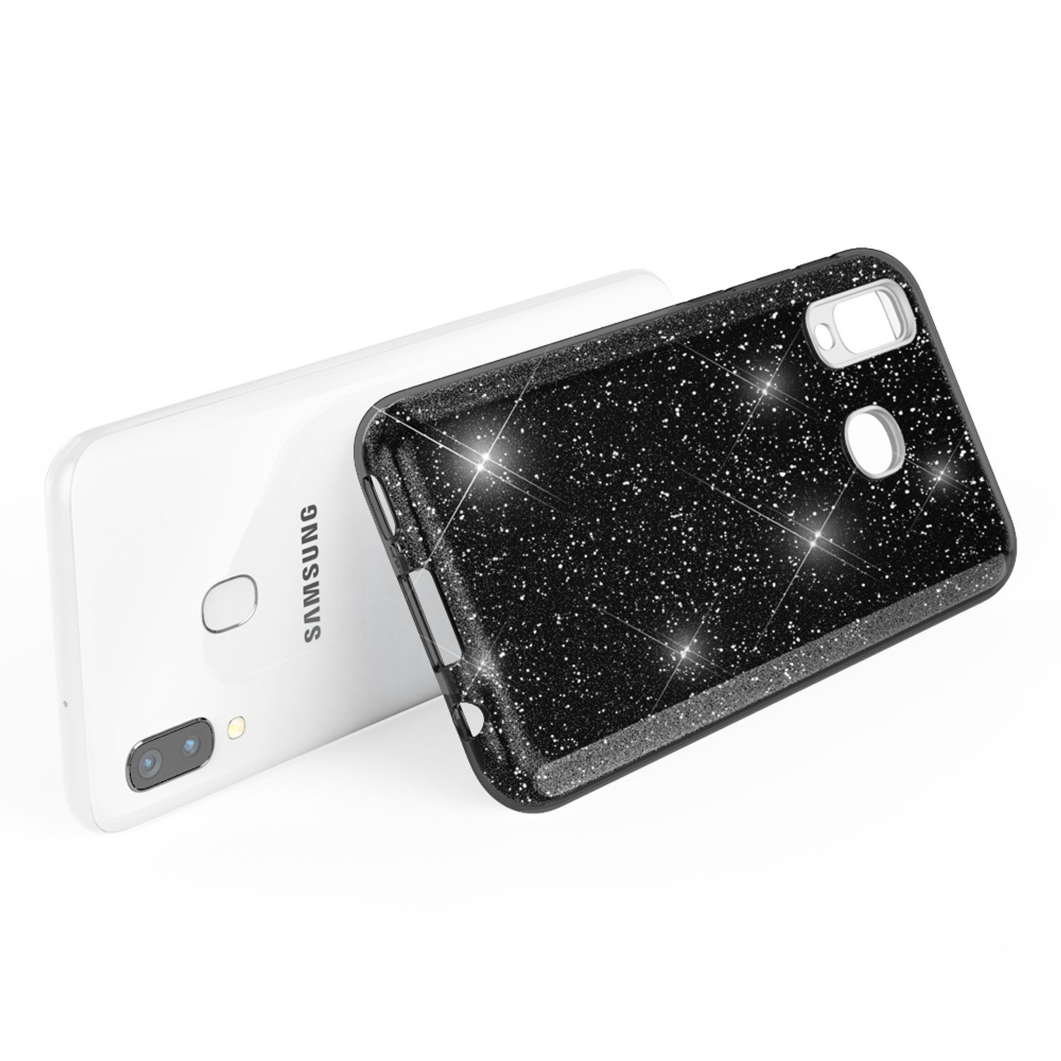 Weißes Telefon mit schwarzer Glitzer-Handyhülle. Die Hülle liegt auf dem Telefon. Das Telefon hat eine schwarze Rückseite.