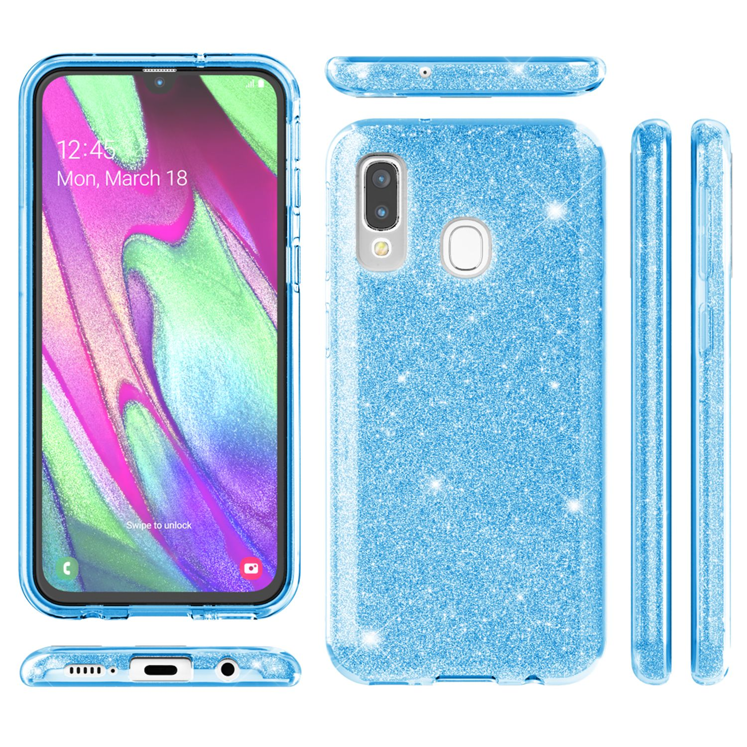 Eine blaue Handyhülle mit Glitzer. Telefon links. Die Hülle rechts.
