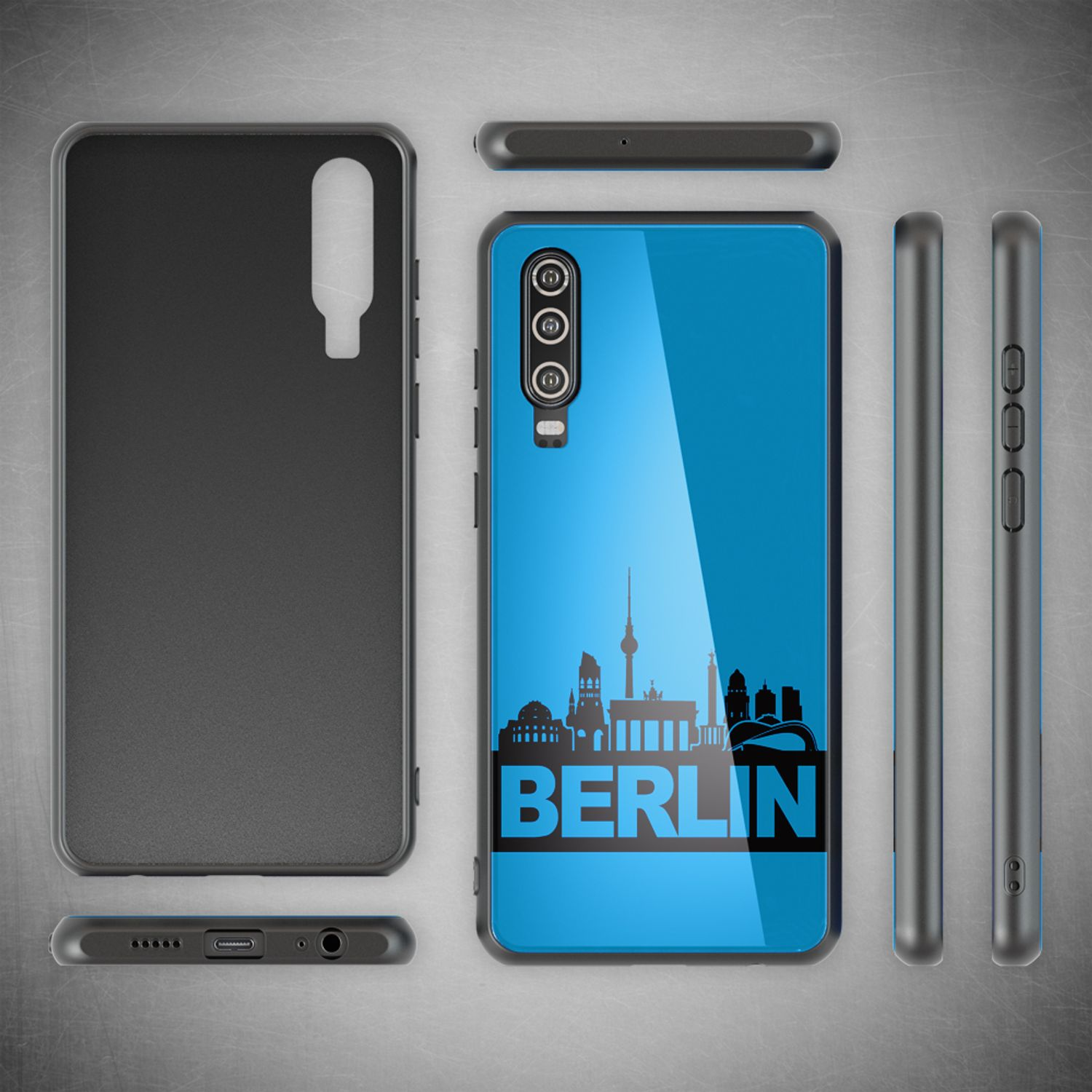 Handyhülle mit Berlin-Skyline-Design. Schwarze Berlin-Skyline-Grafik auf blauem Hintergrund. Schwarze Seiten.