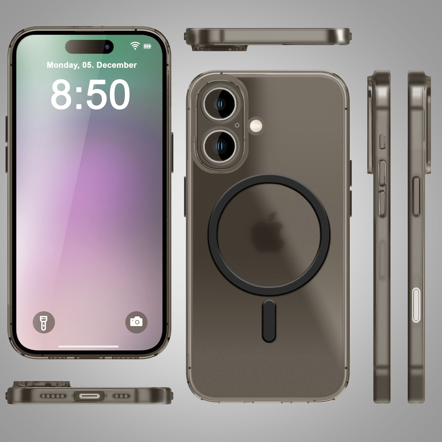 Smartphone-Hülle mit mehreren Ansichten: vorne, hinten, Seite und unten. Es ist braun.
