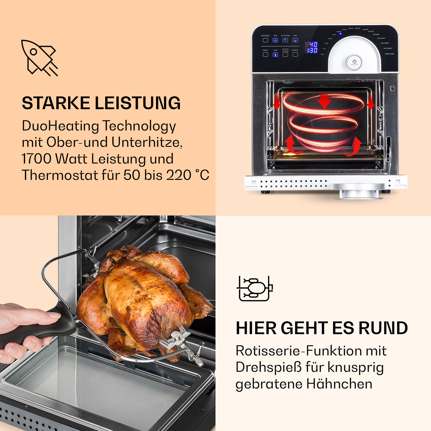 Ofen mit gebratenem Hähnchen, Text über DuoHeating und Drehspiessfunktion.