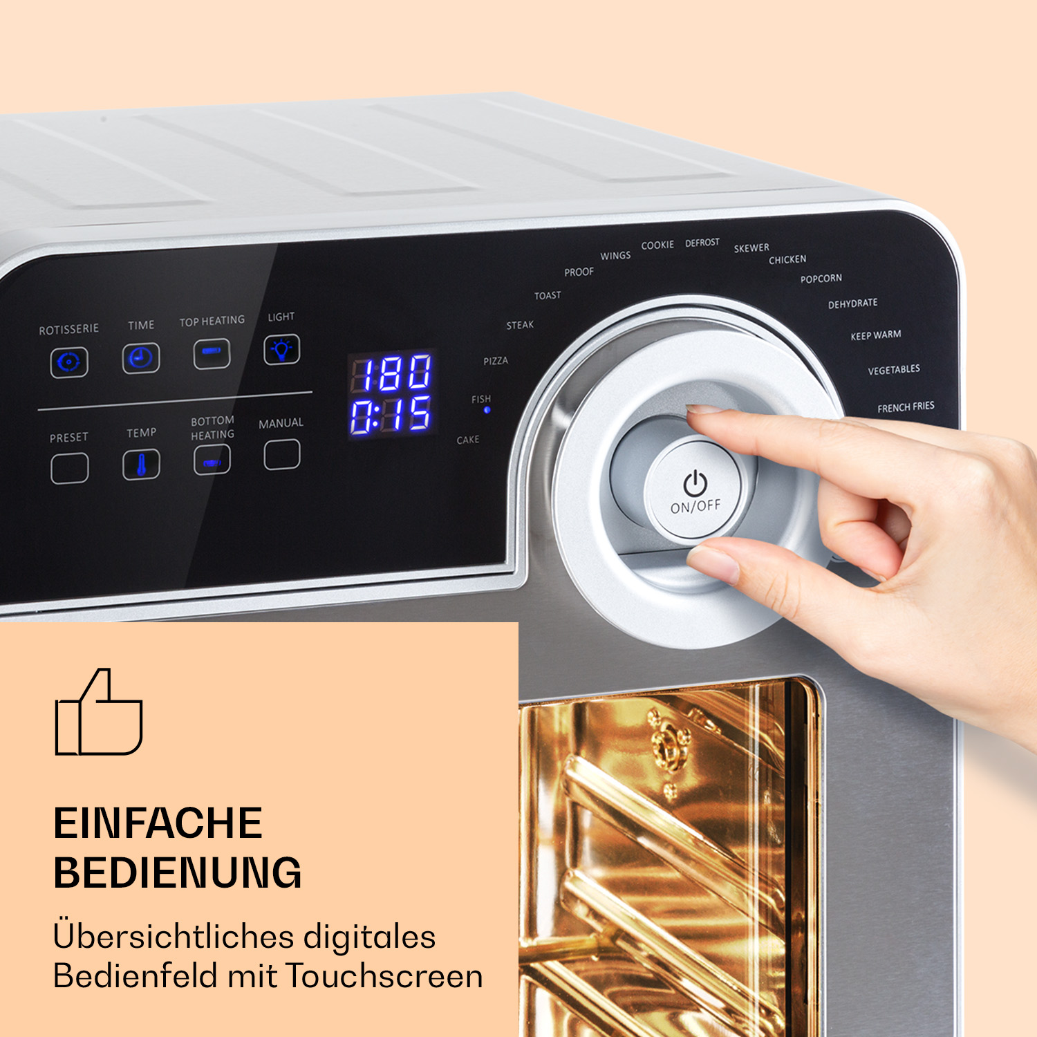 Ofenbedienfeld mit einer Hand, die einen Drehknopf dreht. Text: Einfache Bedienung.