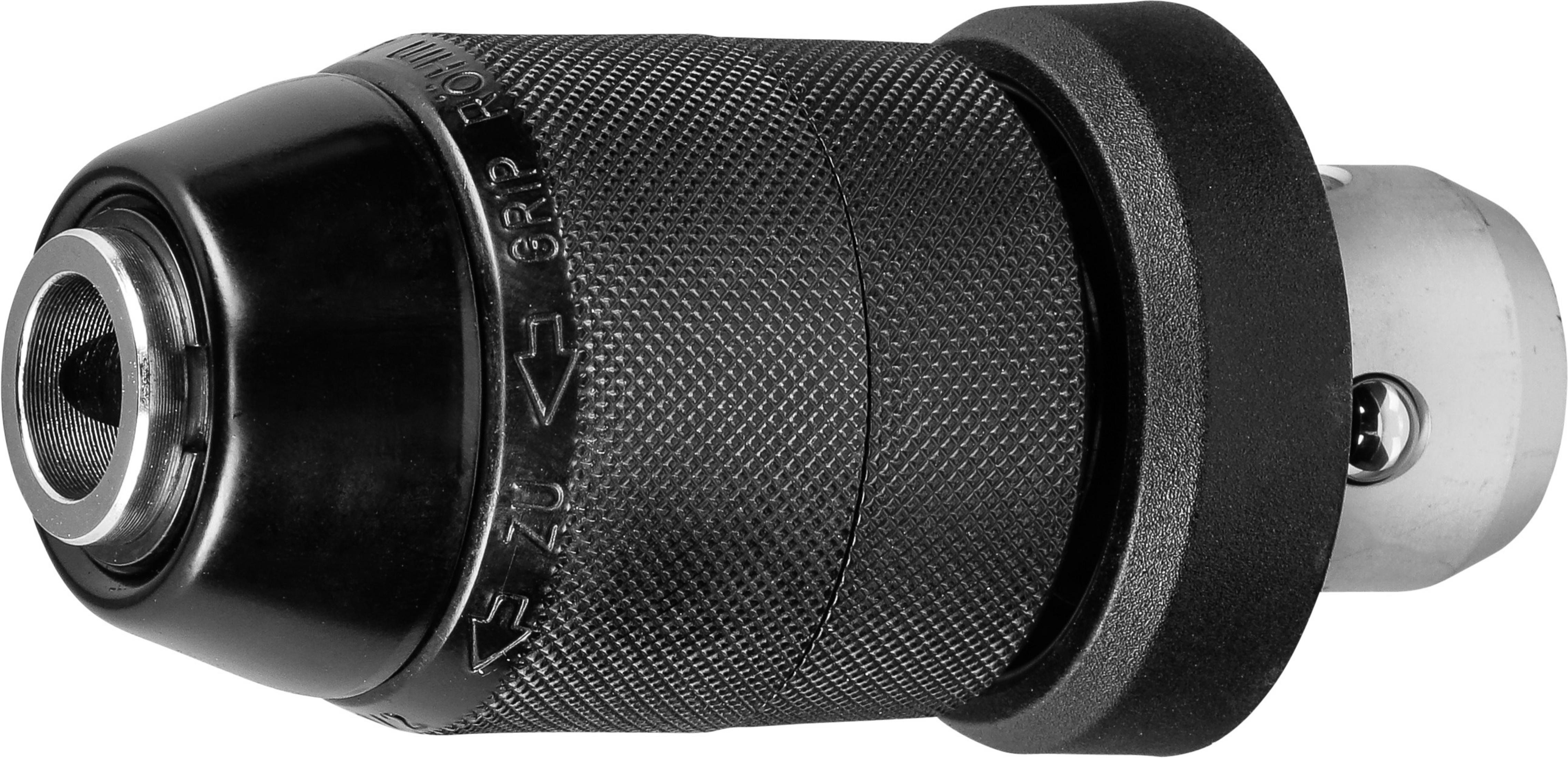 Czarny uchwyt wiertarski, z teksturowanym uchwytem i srebrnym otworem. Do wiertarki.