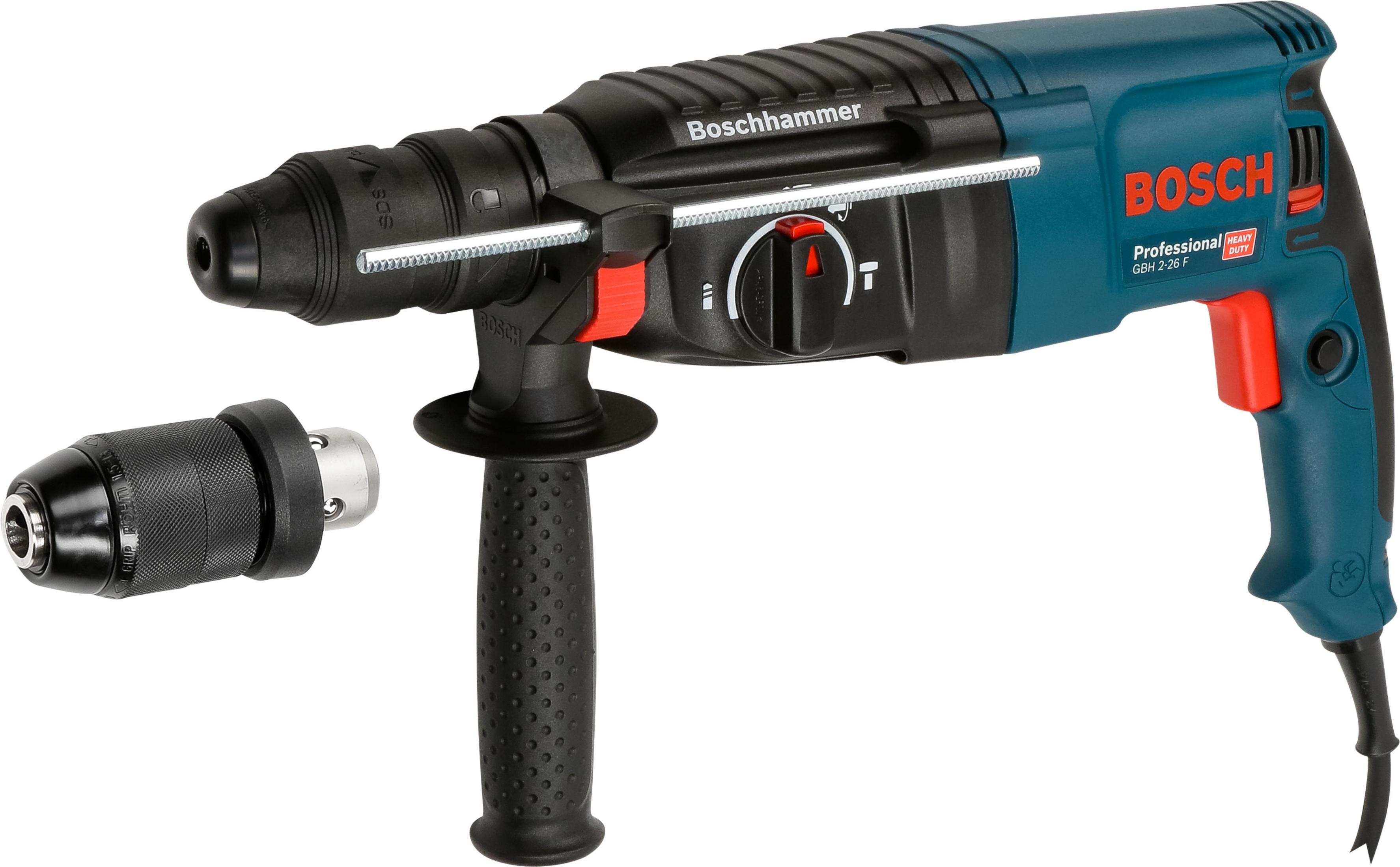 Młotowiertarka Bosch i uchwyt wiertarski. Wiertarka jest turkusowa i czarna z czerwonym włącznikiem i uchwytem.